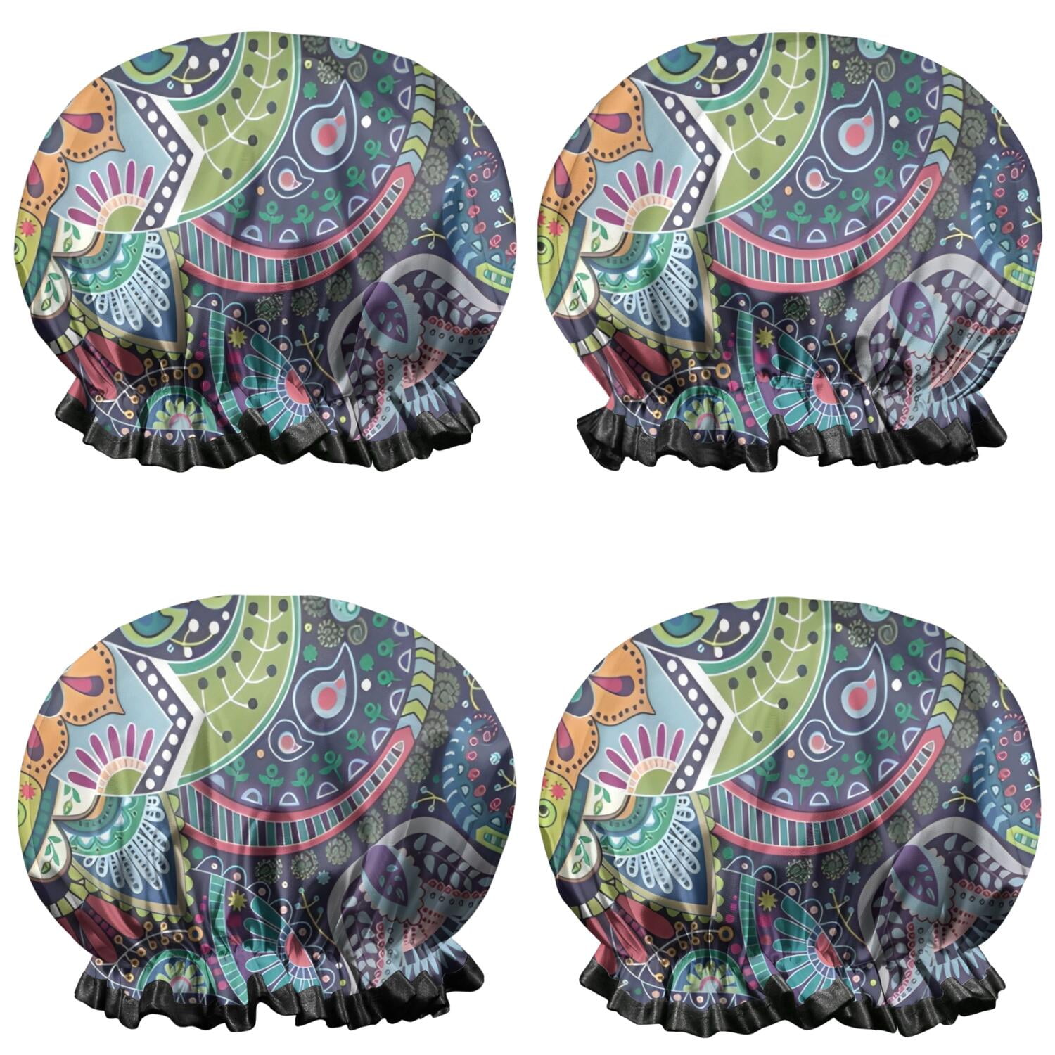 Shower Caps,Multicolor Ethnic Paisley and Floral Pattern Waterproof Shower Cap for Women 4 Pieces,Double Reusable Hair Cover for Shower PEVA Elastic Stretch Hem