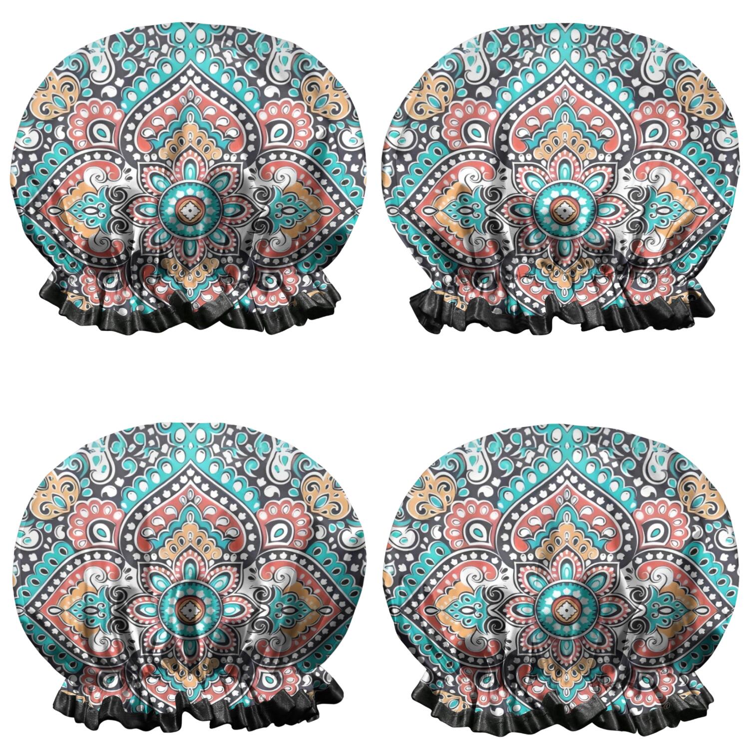 Shower Caps,Multicolor Ethnic Paisley Pattern Waterproof Shower Cap for Women 4 Pieces,Double Reusable Hair Cover for Shower PEVA Elastic Stretch Hem