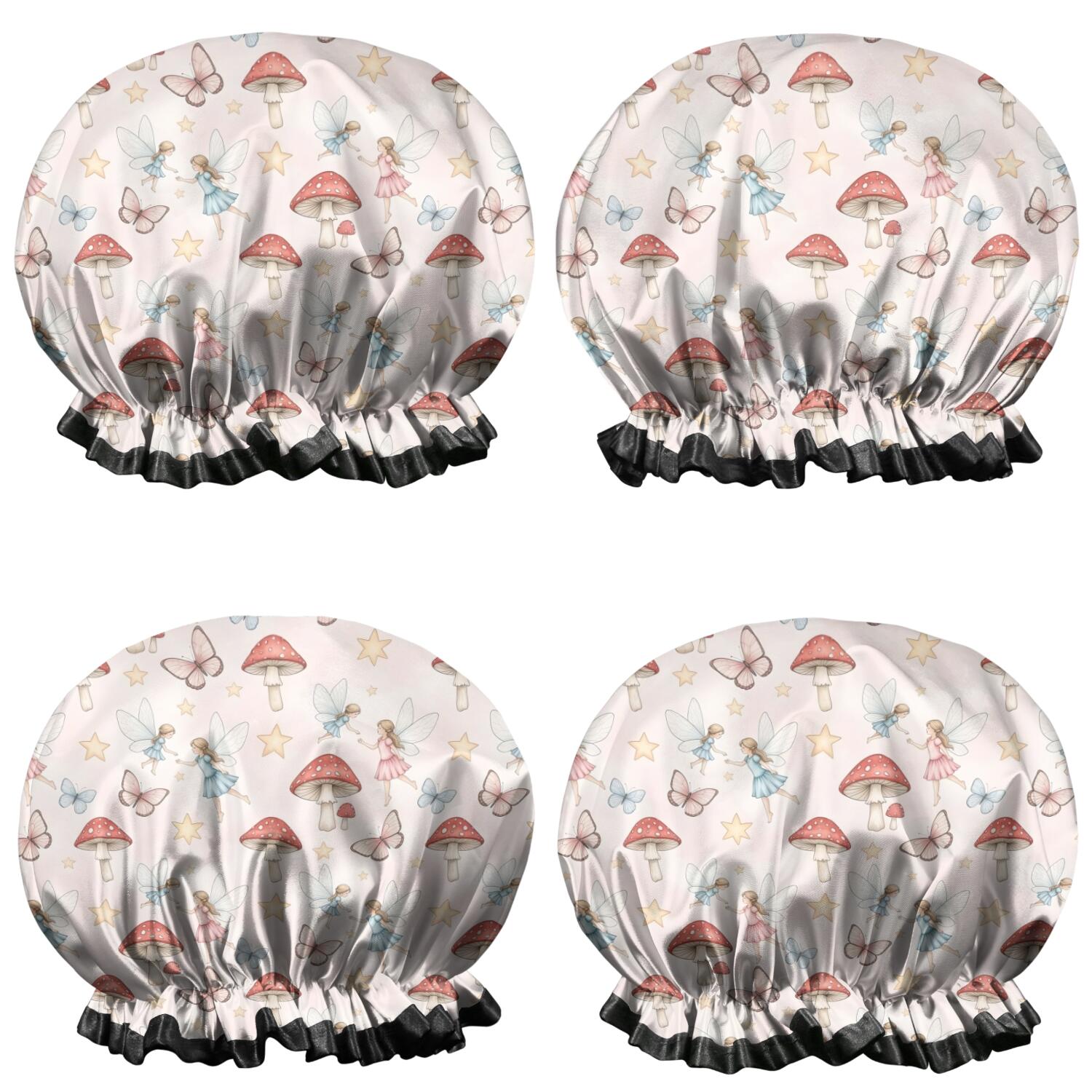 Shower Caps,Mushroom Fairy Princess Pattern Waterproof Shower Cap for Women 4 Pieces,Double Reusable Hair Cover for Shower PEVA Elastic Stretch Hem