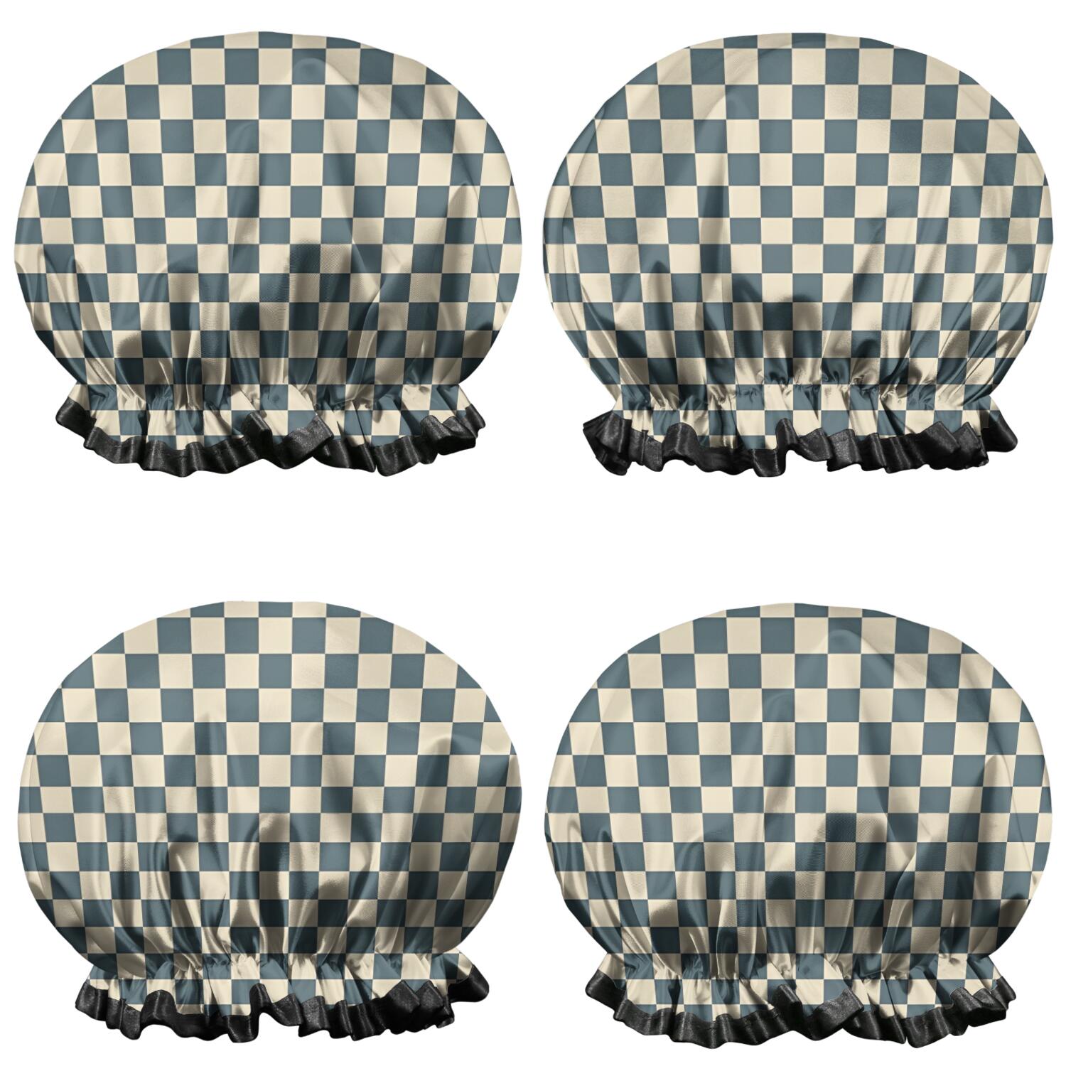 Shower Caps,Navy and Beige Checkerboard Pattern Waterproof Shower Cap for Women 4 Pieces,Double Reusable Hair Cover for Shower PEVA Elastic Stretch Hem