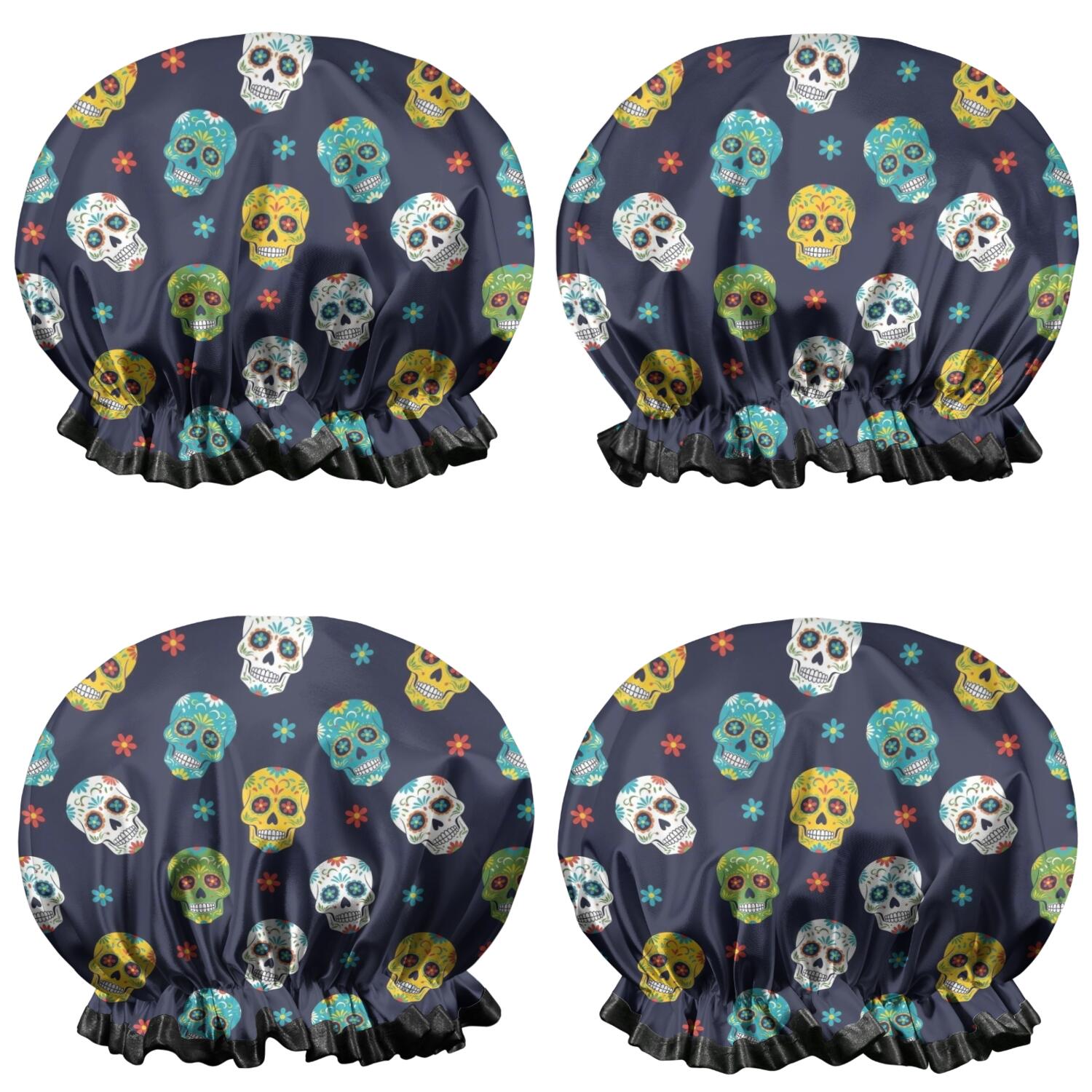 Shower Caps,Navy Colorful Skull Pattern Waterproof Shower Cap for Women 4 Pieces,Double Reusable Hair Cover for Shower PEVA Elastic Stretch Hem