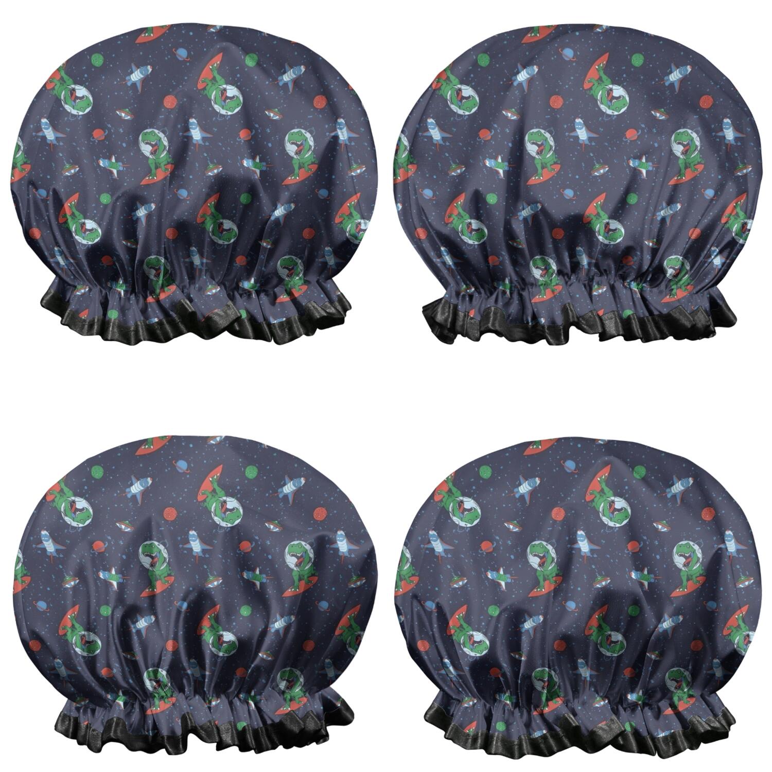 Shower Caps,Navy Dinosaurs Space Surfing Pattern Waterproof Shower Cap for Women 4 Pieces,Double Reusable Hair Cover for Shower PEVA Elastic Stretch Hem