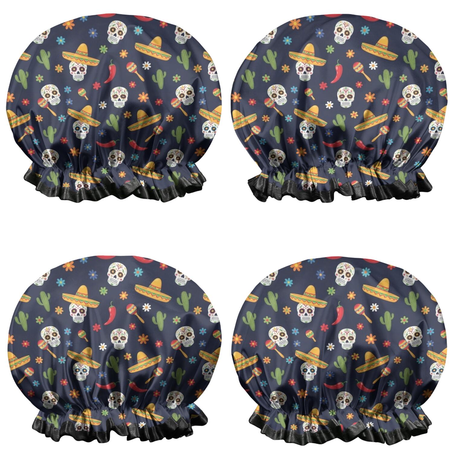 Shower Caps,Navy Mexican Skull Pattern Waterproof Shower Cap for Women 4 Pieces,Double Reusable Hair Cover for Shower PEVA Elastic Stretch Hem