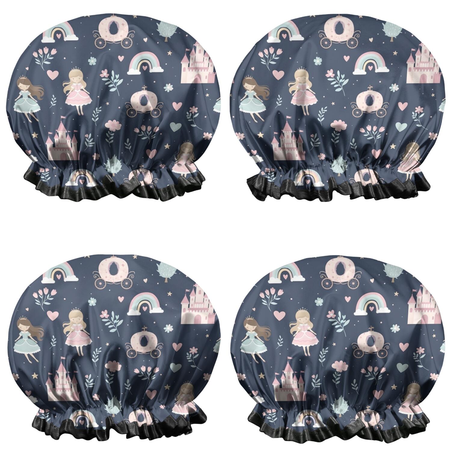 Shower Caps,Navy Princess Castle Pattern Waterproof Shower Cap for Women 4 Pieces,Double Reusable Hair Cover for Shower PEVA Elastic Stretch Hem