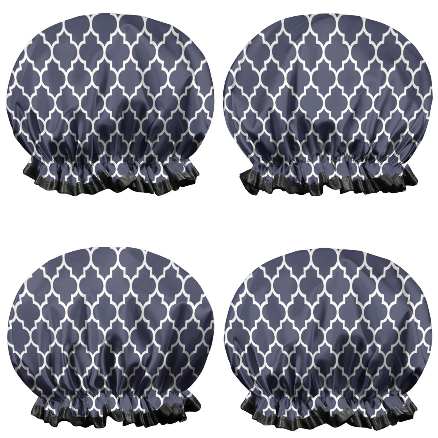 Shower Caps,Navy and White Geometric Lattice Pattern Waterproof Shower Cap for Women 4 Pieces,Double Reusable Hair Cover for Shower PEVA Elastic Stretch Hem