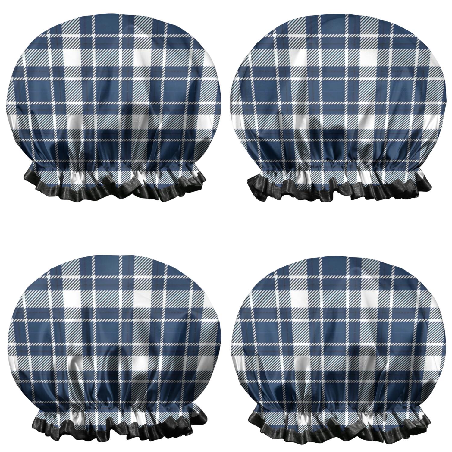Shower Caps,Navy White Plaid Checkered Pattern Waterproof Shower Cap for Women 4 Pieces,Double Reusable Hair Cover for Shower PEVA Elastic Stretch Hem