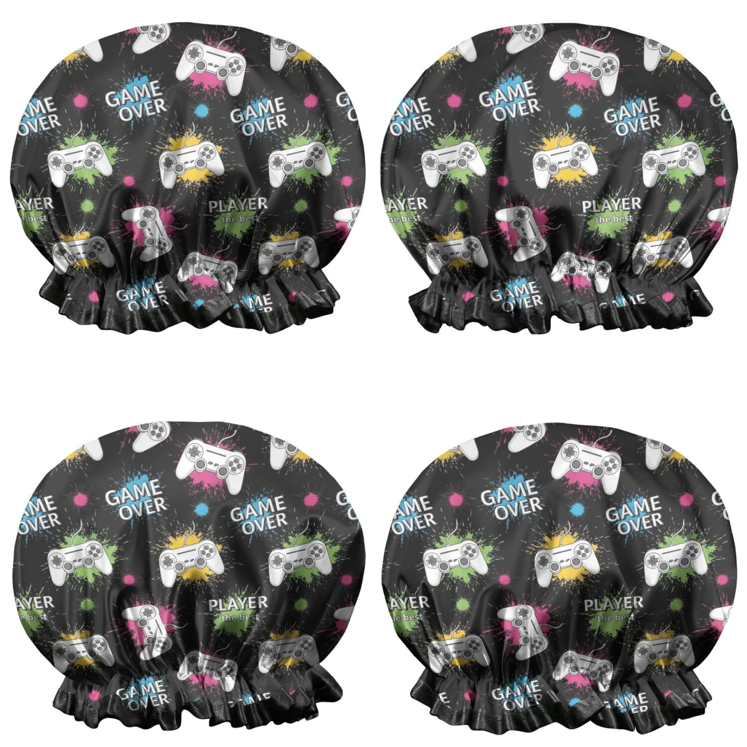 Shower Caps,Neon Controllers Games Icons Black Pattern Waterproof Shower Cap for Women 4 Pieces,Double Reusable Hair Cover for Shower PEVA Elastic Stretch Hem