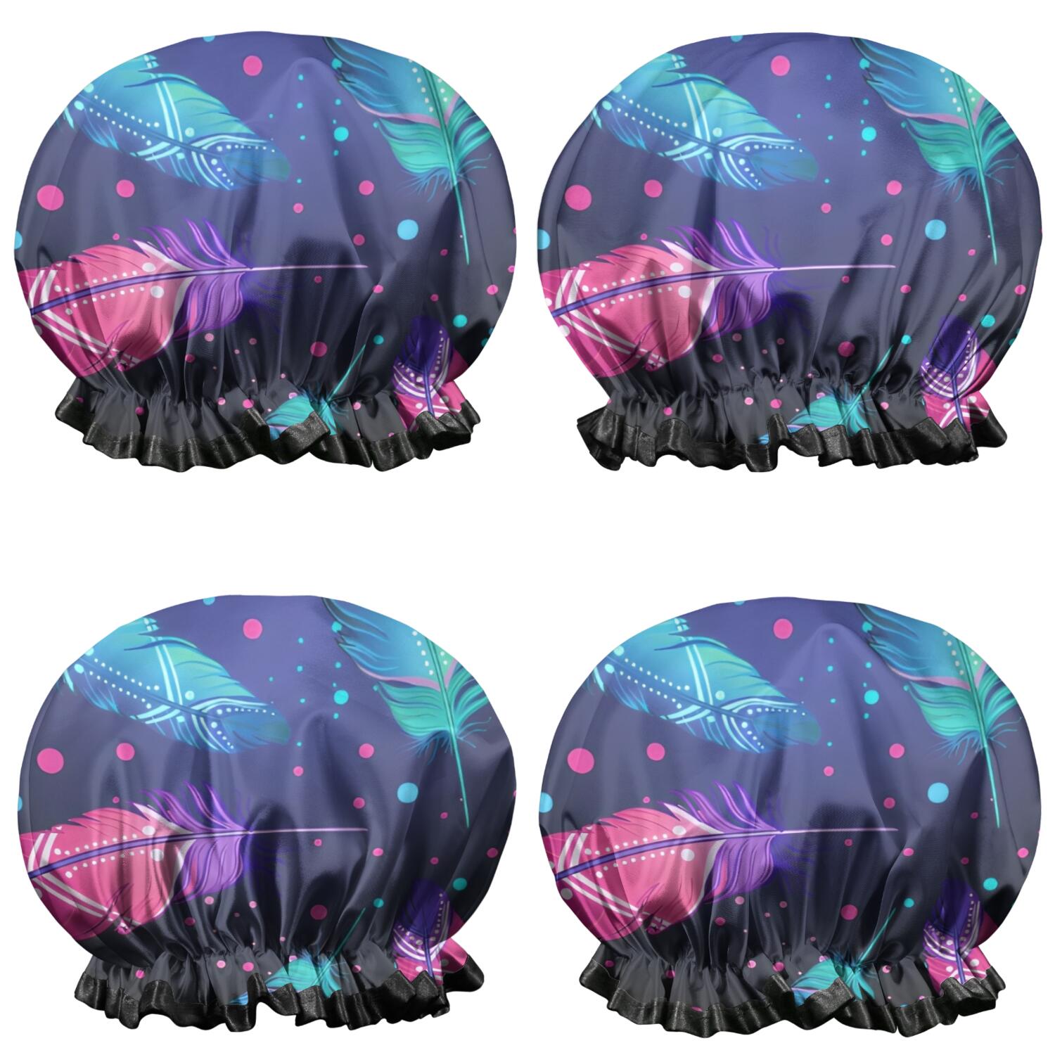 Shower Caps,Neon Feather with Dots Pattern Waterproof Shower Cap for Women 4 Pieces,Double Reusable Hair Cover for Shower PEVA Elastic Stretch Hem