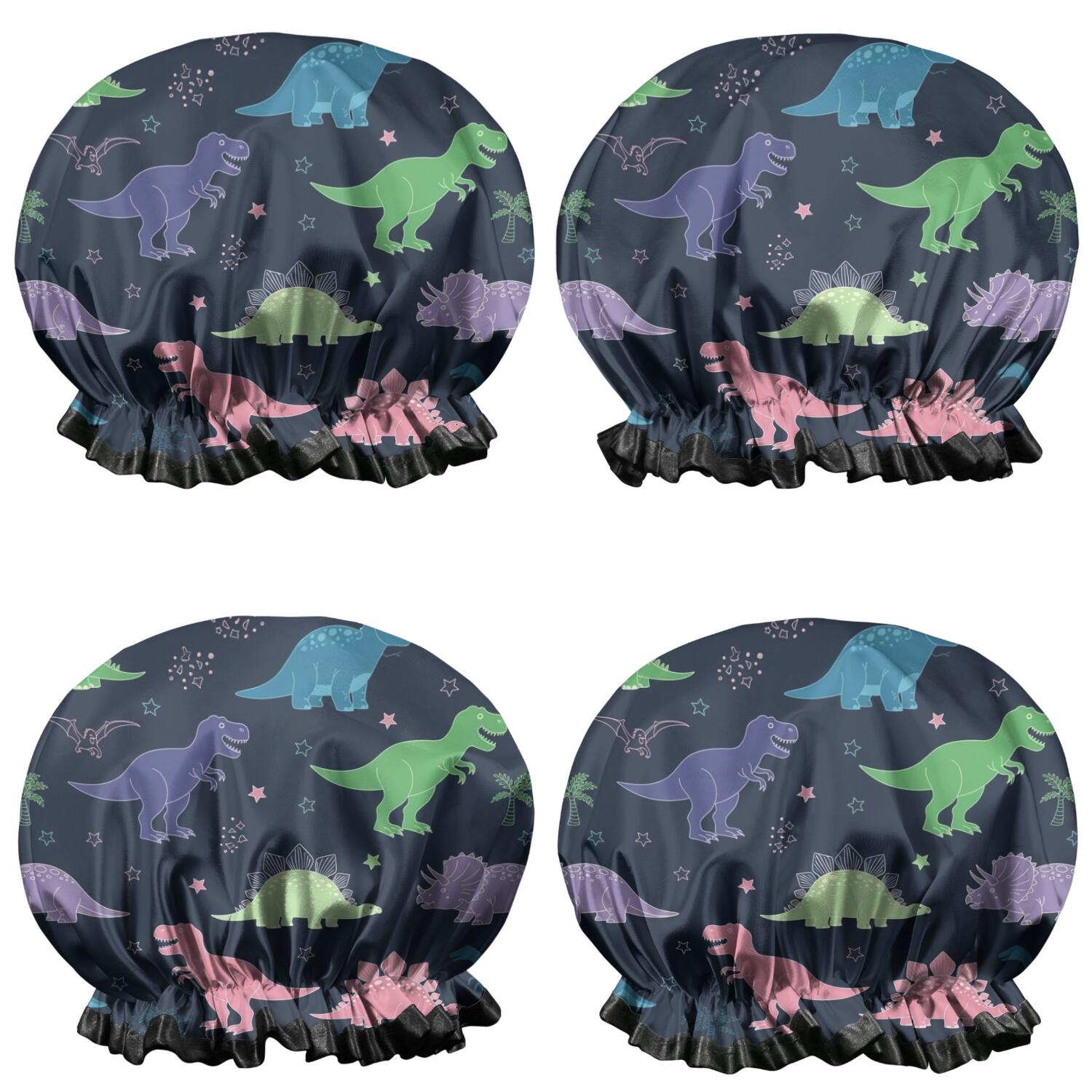 Shower Caps,Neon Outline Dinosaurs Vibrant Waterproof Shower Cap for Women 4 Pieces,Double Reusable Hair Cover for Shower PEVA Elastic Stretch Hem