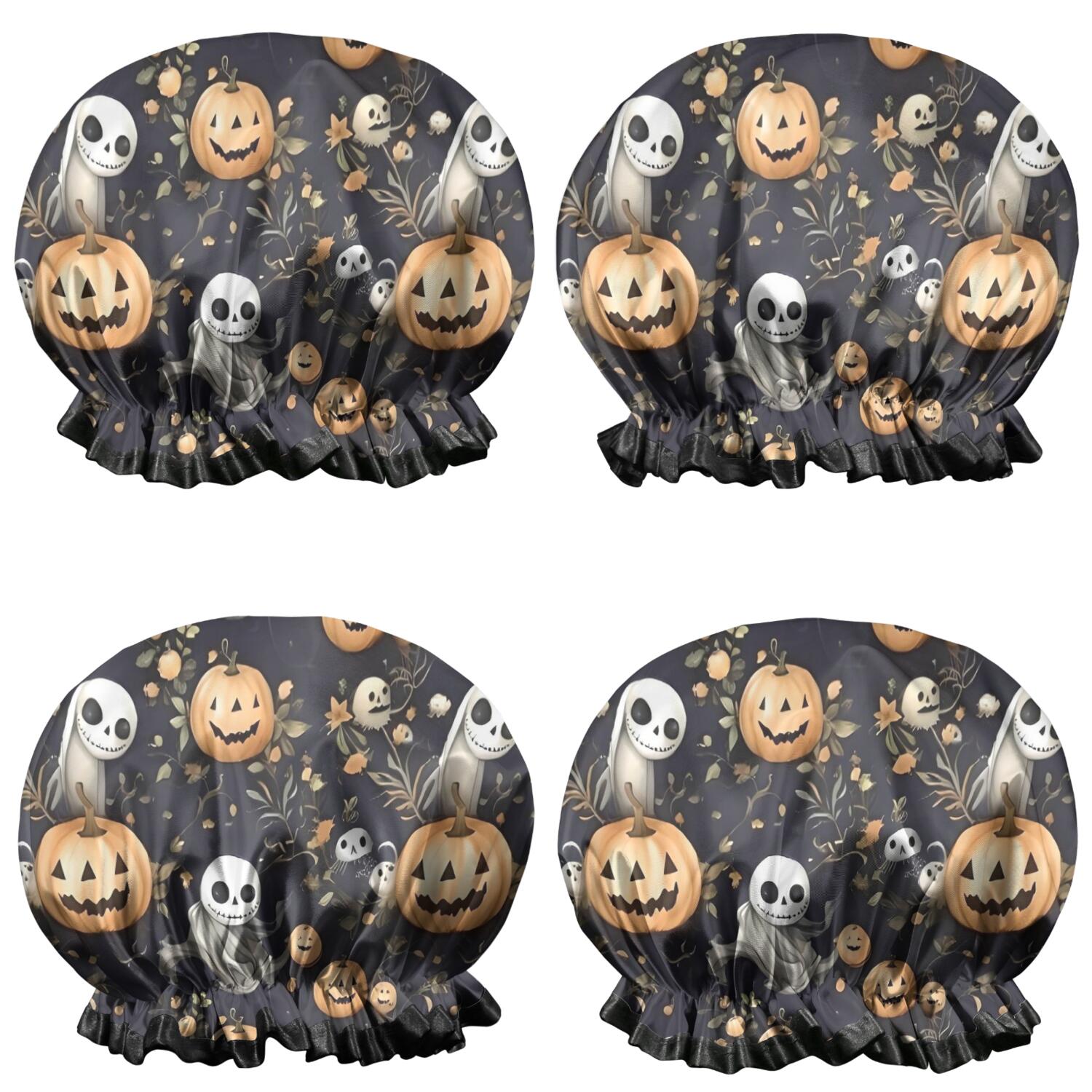 Shower Caps,Nightmare Before Christmas Halloween Pattern Waterproof Shower Cap for Women 4 Pieces,Double Reusable Hair Cover for Shower PEVA Elastic Stretch Hem