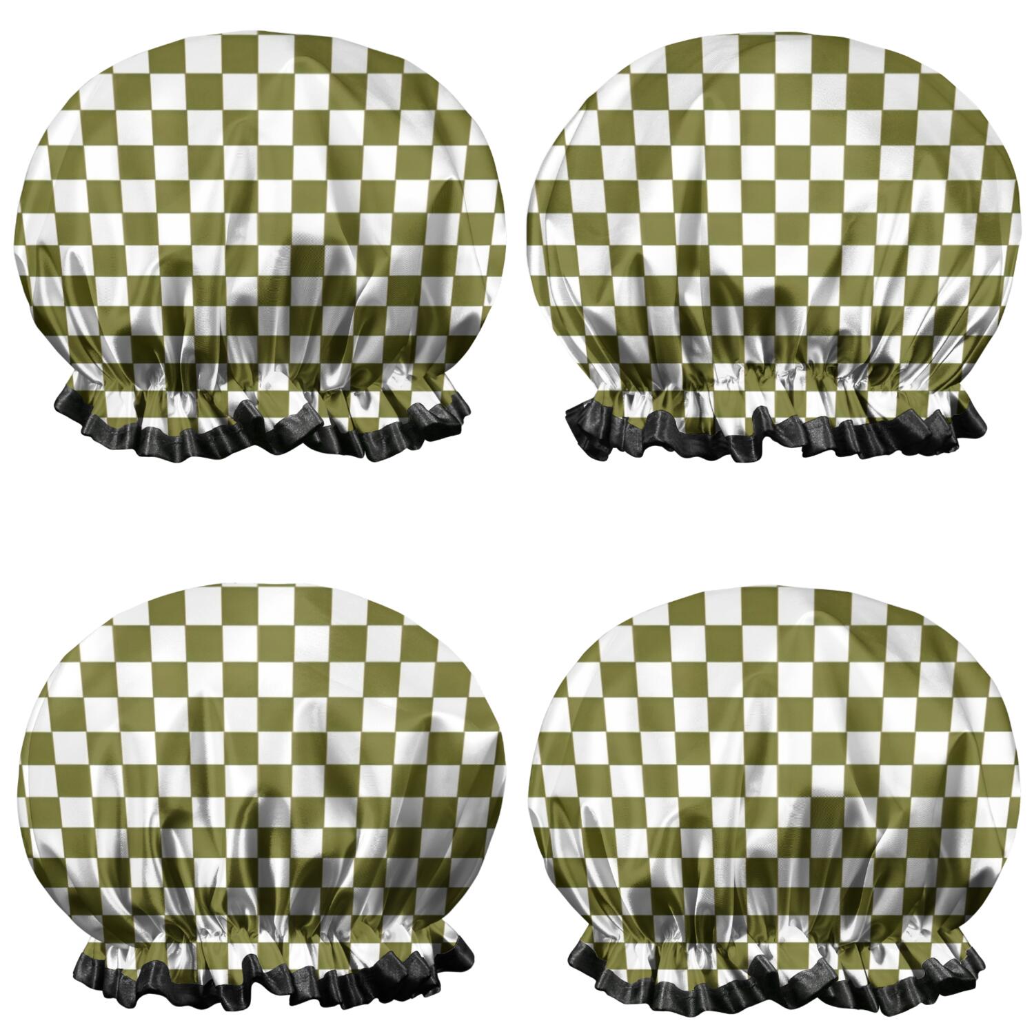 Shower Caps,Olive Green and White Checkerboard Pattern Waterproof Shower Cap for Women 4 Pieces,Double Reusable Hair Cover for Shower PEVA Elastic Stretch Hem