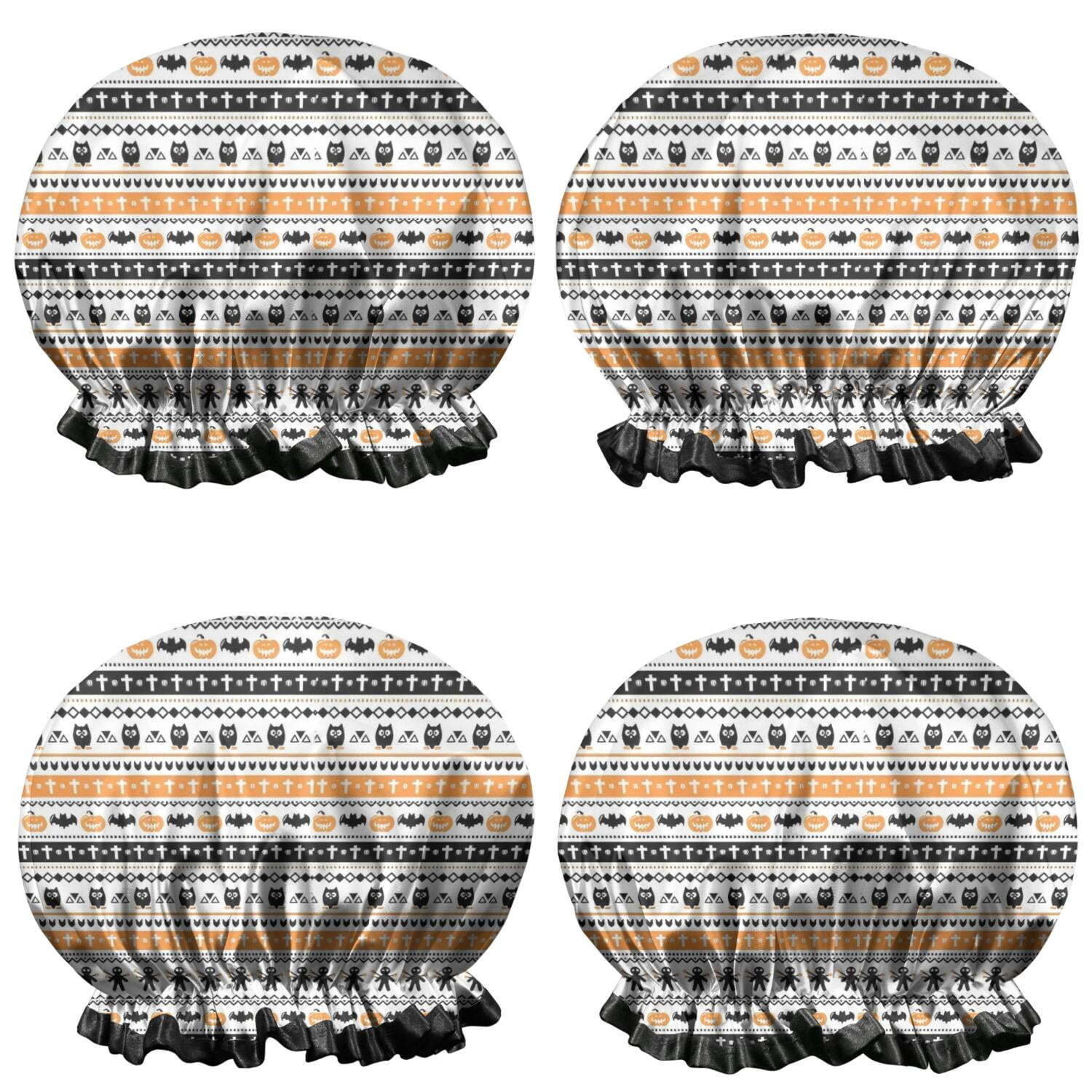 Shower Caps,Orange and Black Christmas Pattern Waterproof Shower Cap for Women 4 Pieces,Double Reusable Hair Cover for Shower PEVA Elastic Stretch Hem