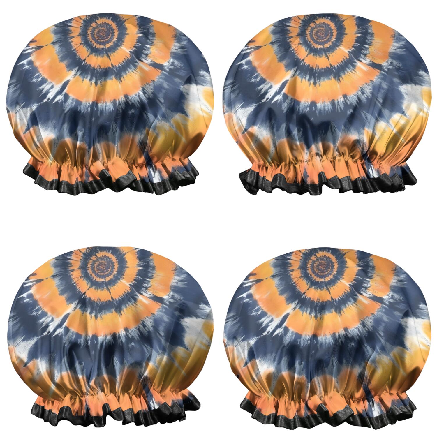 Shower Caps,Orange Blue Tie Dye Mandala Pattern Waterproof Shower Cap for Women 4 Pieces,Double Reusable Hair Cover for Shower PEVA Elastic Stretch Hem