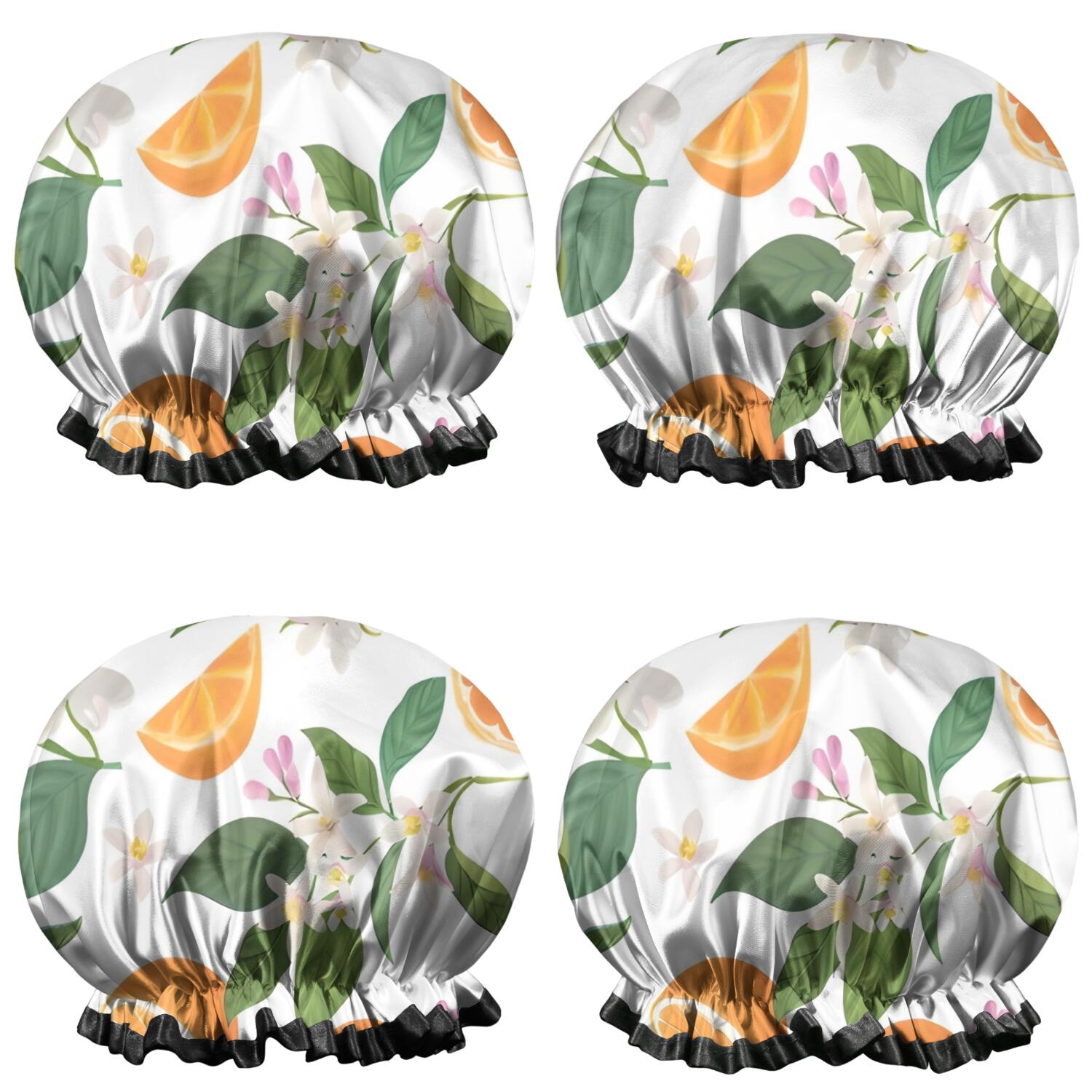 Shower Caps,Orange Fruits Flowers White Pattern Waterproof Shower Cap for Women 4 Pieces,Double Reusable Hair Cover for Shower PEVA Elastic Stretch Hem