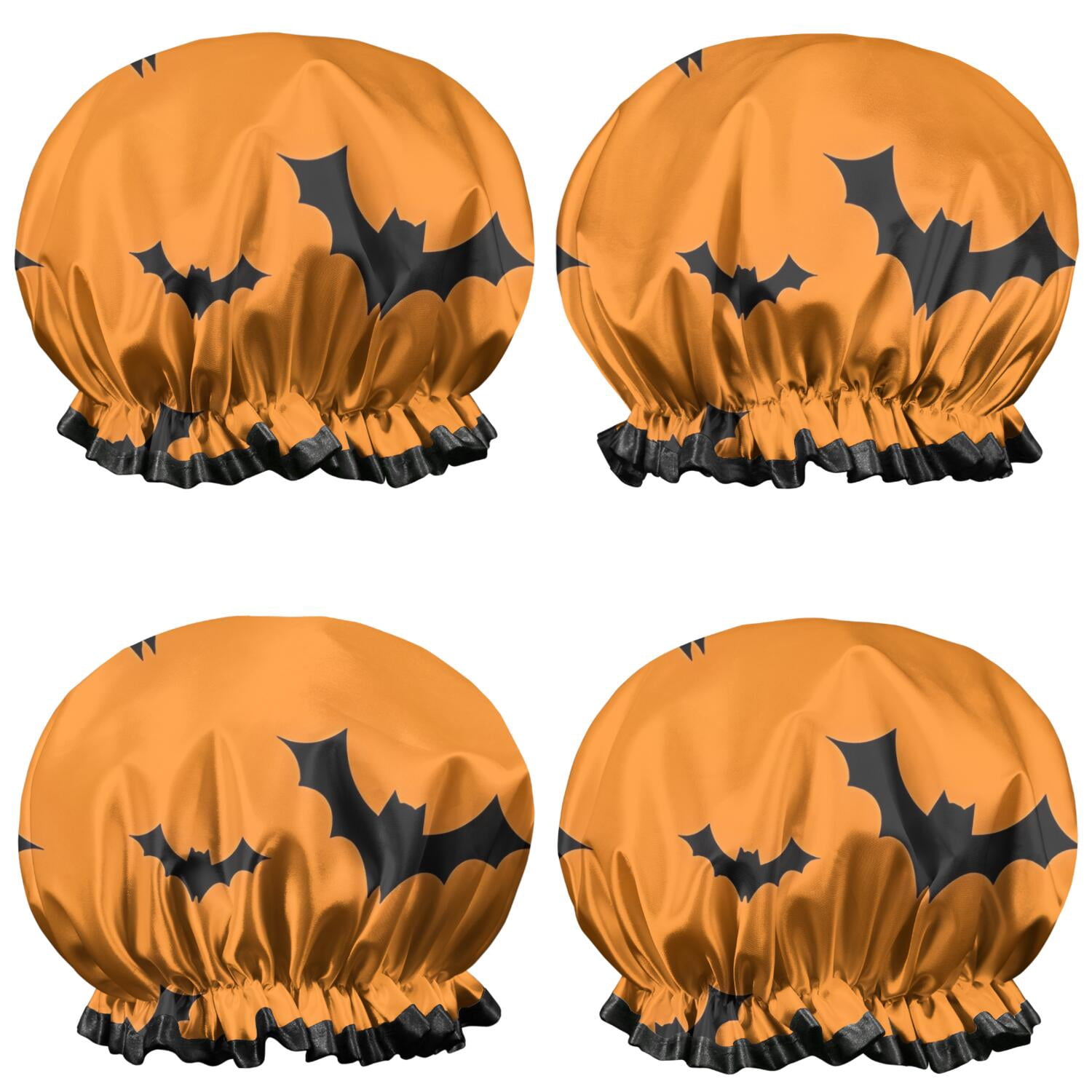 Shower Caps,Orange Halloween Bats Waterproof Shower Cap for Women 4 Pieces,Double Reusable Hair Cover for Shower PEVA Elastic Stretch Hem