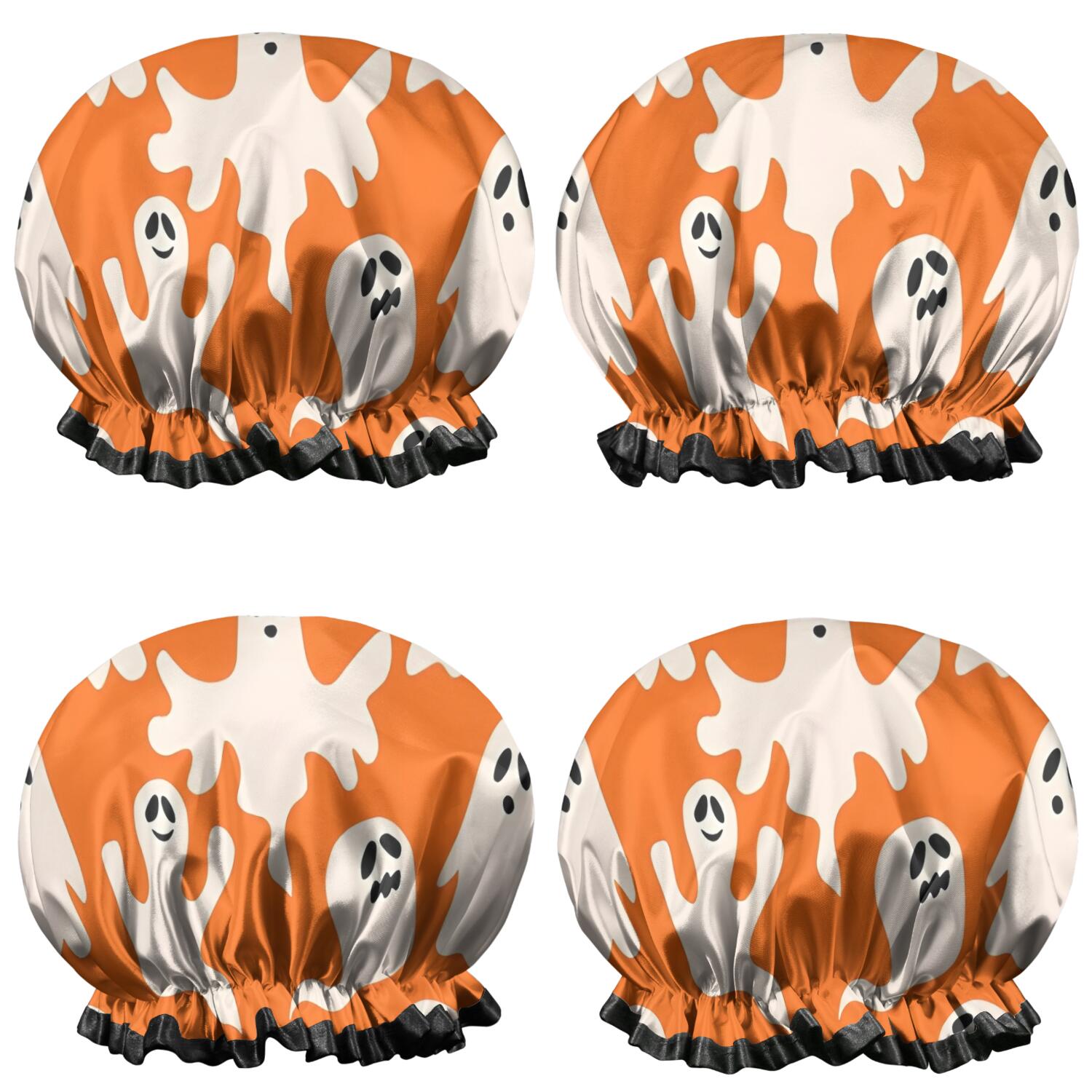 Shower Caps,Orange Halloween Ghosts Waterproof Shower Cap for Women 4 Pieces,Double Reusable Hair Cover for Shower PEVA Elastic Stretch Hem