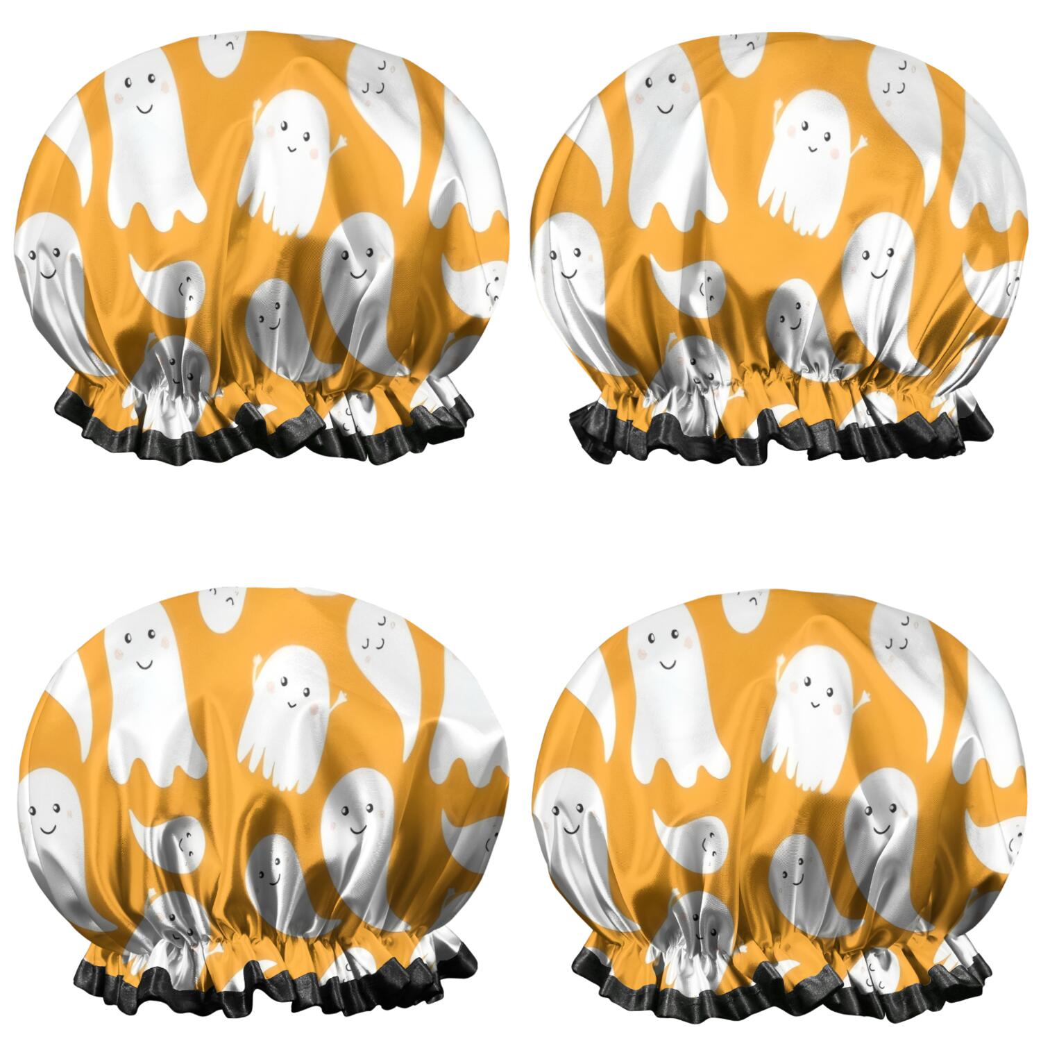 Shower Caps,Orange Halloween Ghosts Waterproof Shower Cap for Women 4 Pieces,Double Reusable Hair Cover for Shower PEVA Elastic Stretch Hem