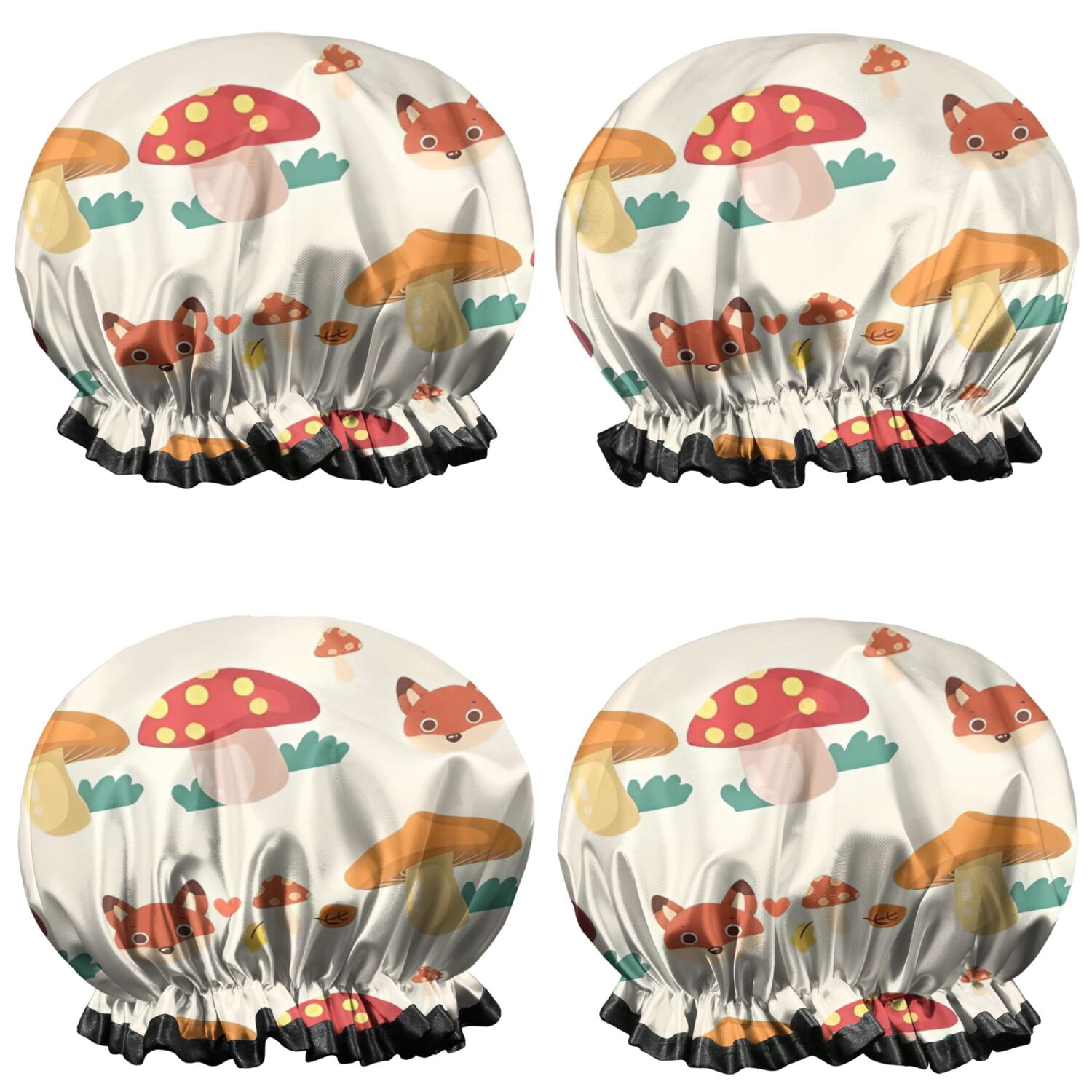 Shower Caps,Orange Mushroom Fox Light Pattern Waterproof Shower Cap for Women 4 Pieces,Double Reusable Hair Cover for Shower PEVA Elastic Stretch Hem