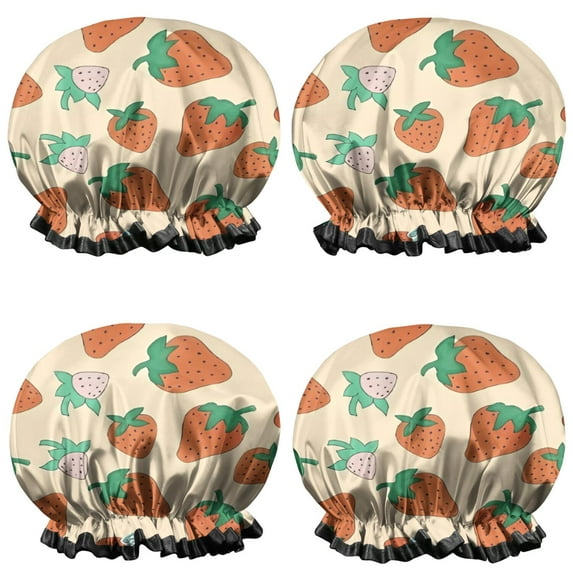 Shower Caps,Orange Strawberry Plants Fruit Waterproof Shower Cap for Women 4 Pieces,Double Reusable Hair Cover for Shower PEVA Elastic Stretch Hem