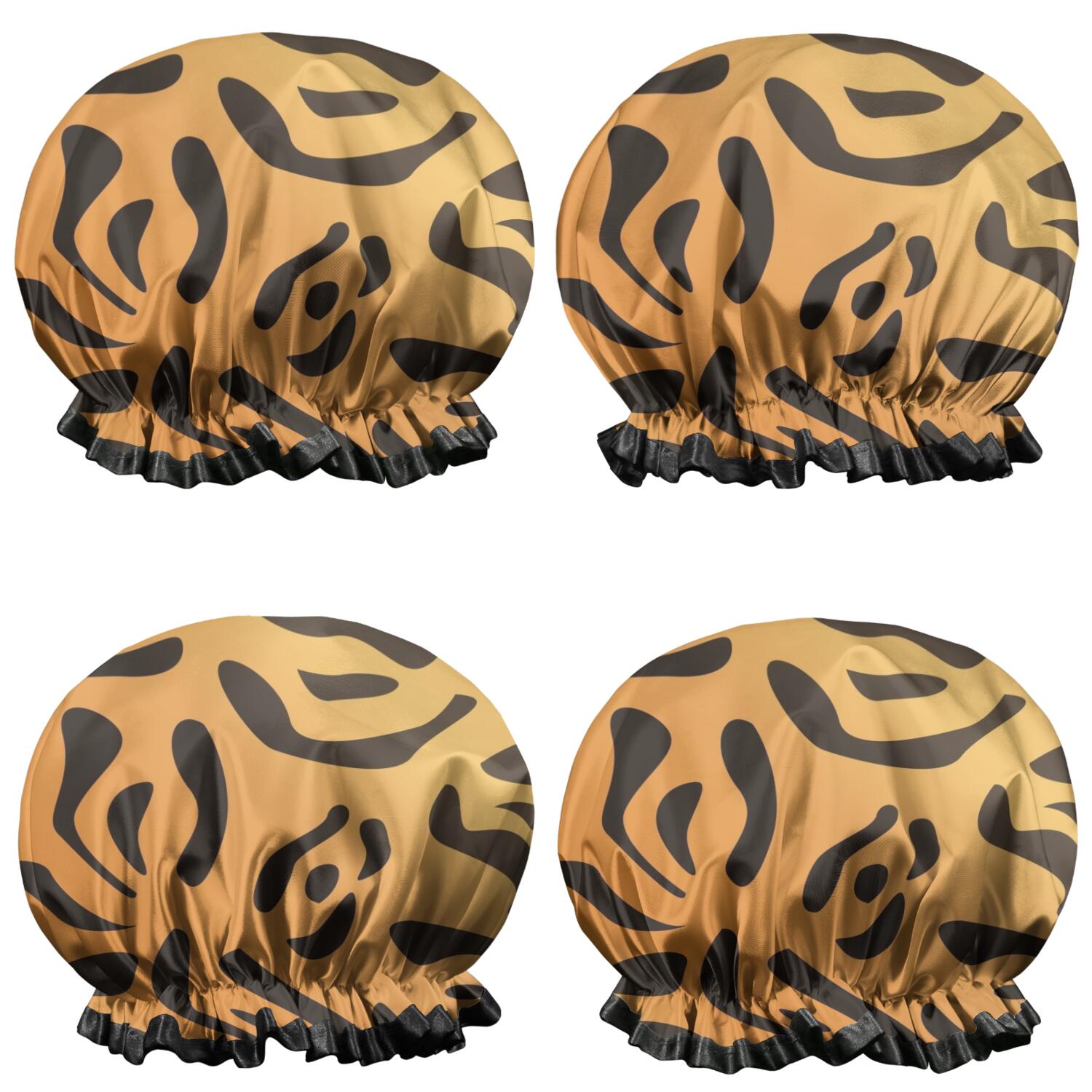 Shower Caps,Orange and Black Of Leopard Print Waterproof Shower Cap for Women 4 Pieces,Double Reusable Hair Cover for Shower PEVA Elastic Stretch Hem