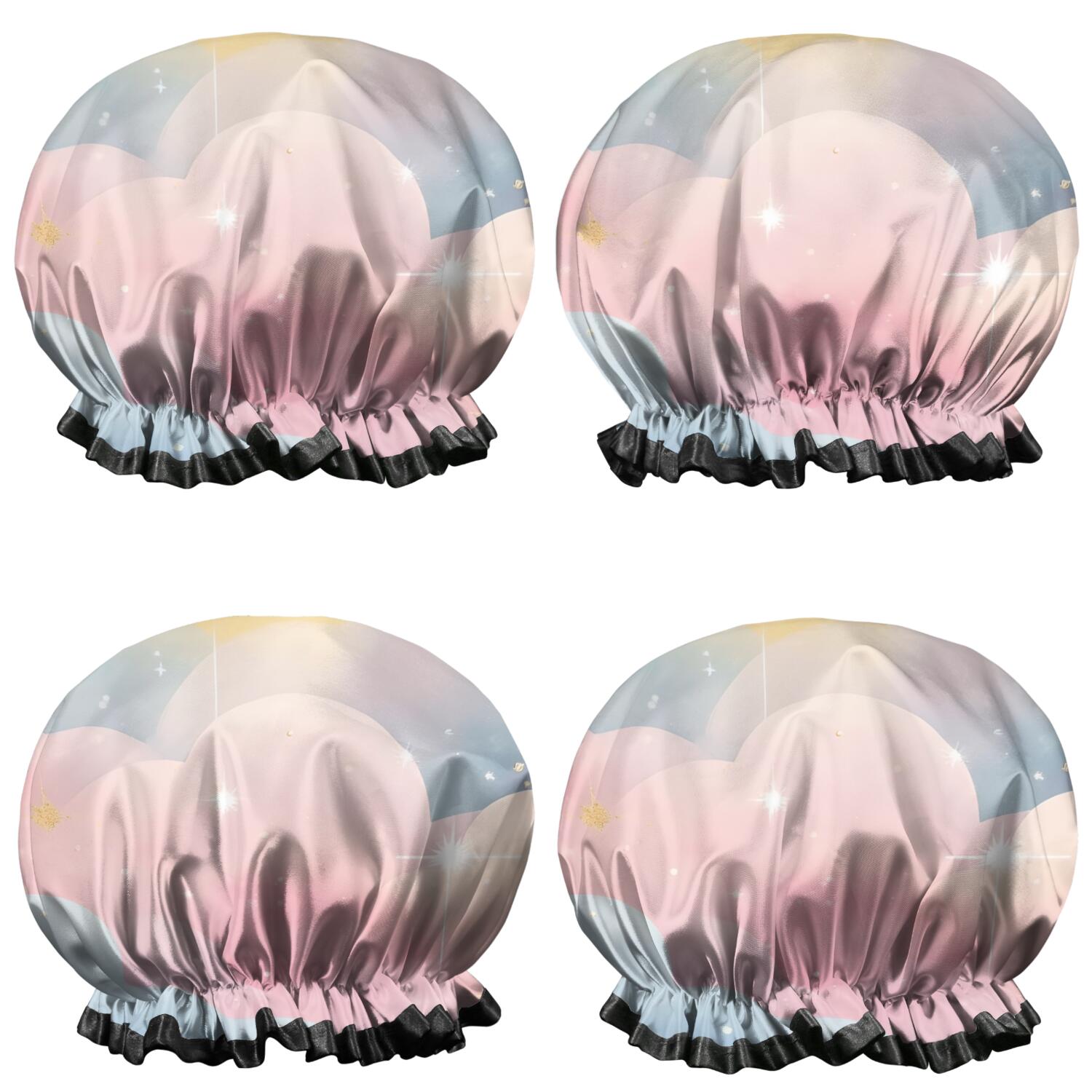Shower Caps,Pastel Cloud Starry Sky Waterproof Shower Cap for Women 4 Pieces,Double Reusable Hair Cover for Shower PEVA Elastic Stretch Hem