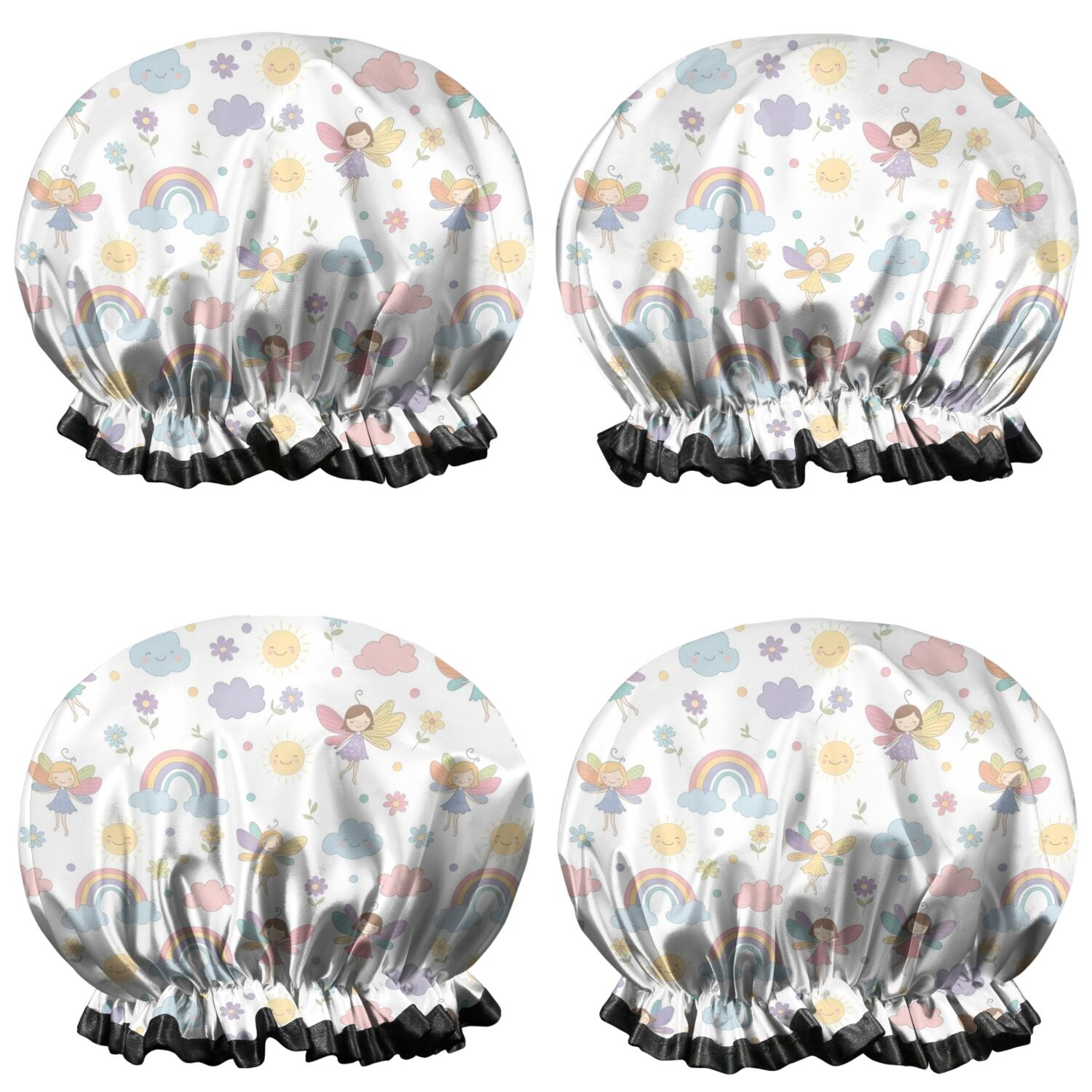 Shower Caps,Pastel Fairy Rainbow Pattern Waterproof Shower Cap for Women 4 Pieces,Double Reusable Hair Cover for Shower PEVA Elastic Stretch Hem