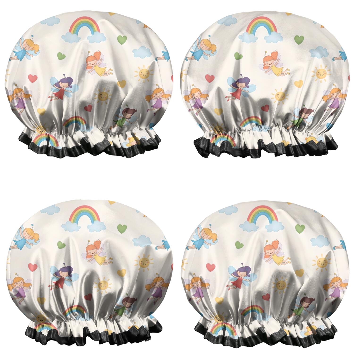 Shower Caps,Pastel Fairy Rainbow Pattern Waterproof Shower Cap for Women 4 Pieces,Double Reusable Hair Cover for Shower PEVA Elastic Stretch Hem