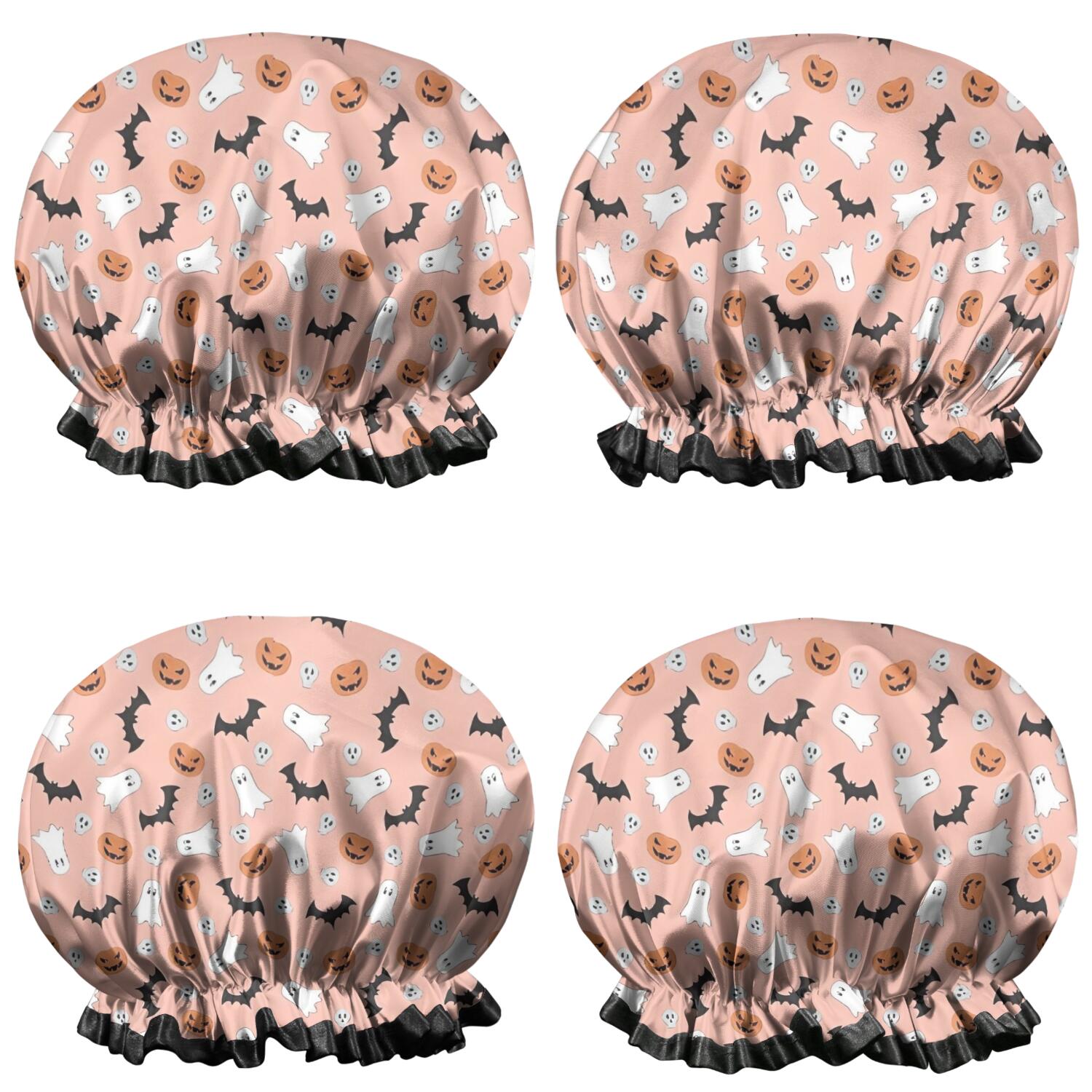 Shower Caps,Pastel Halloween Ghosts Pattern Waterproof Shower Cap for Women 4 Pieces,Double Reusable Hair Cover for Shower PEVA Elastic Stretch Hem