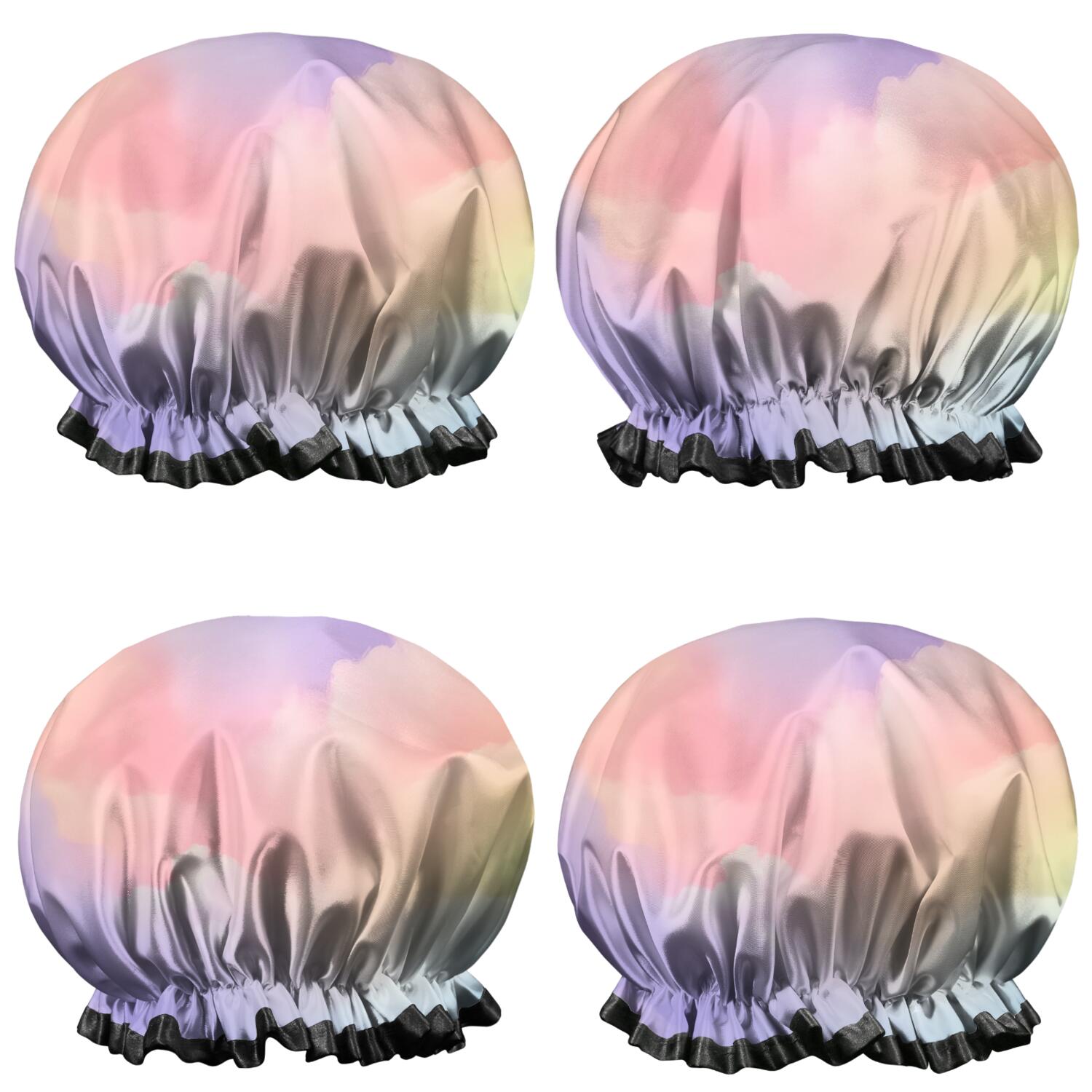 Shower Caps,Pastel Rainbow Clouds Waterproof Shower Cap for Women 4 Pieces,Double Reusable Hair Cover for Shower PEVA Elastic Stretch Hem