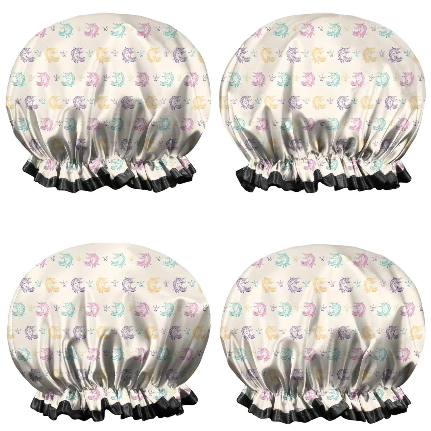 Shower Caps,Pastel Unicorn Pattern Waterproof Shower Cap for Women 4 Pieces,Double Reusable Hair Cover for Shower PEVA Elastic Stretch Hem