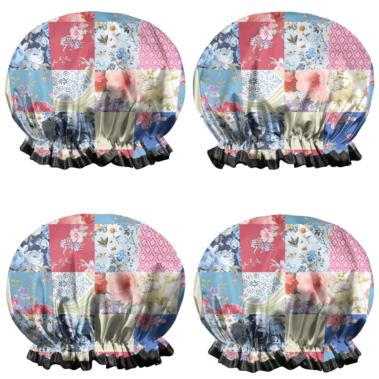 Shower Caps,Patchwork Pioneer Flower Waterproof Shower Cap for Women 4 Pieces,Double Reusable Hair Cover for Shower PEVA Elastic Stretch Hem
