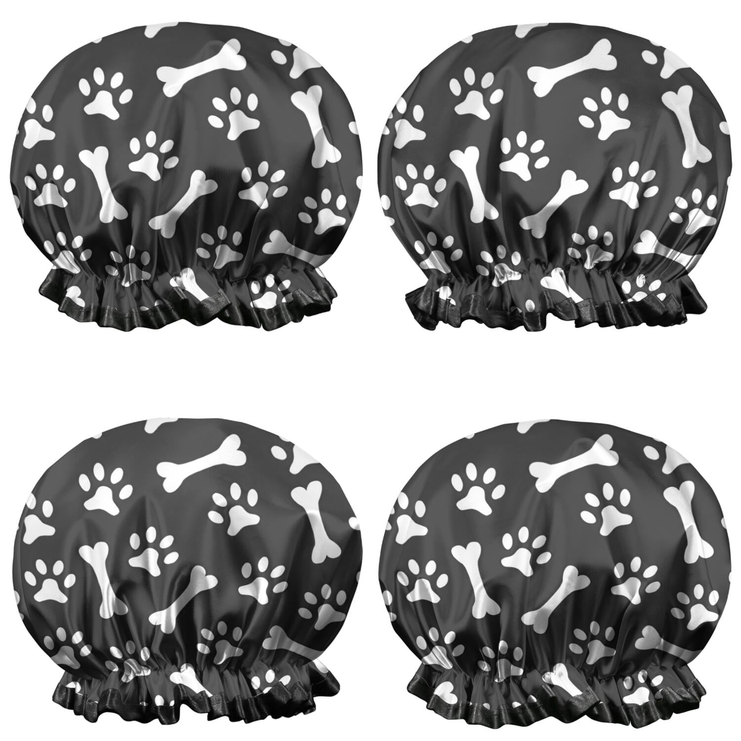 Shower Caps,Paw Prints and Bones Waterproof Shower Cap for Women 4 Pieces,Double Reusable Hair Cover for Shower PEVA Elastic Stretch Hem