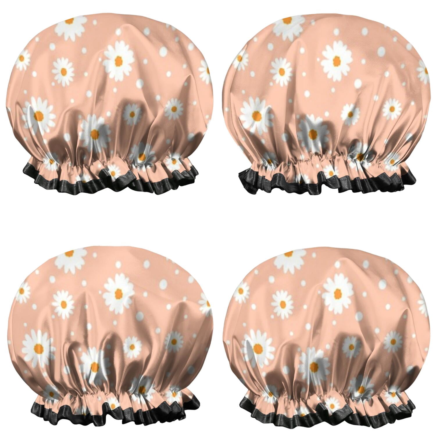 Shower Caps,Peach Daisy Flower White Blooms Pattern Waterproof Shower Cap for Women 4 Pieces,Double Reusable Hair Cover for Shower PEVA Elastic Stretch Hem