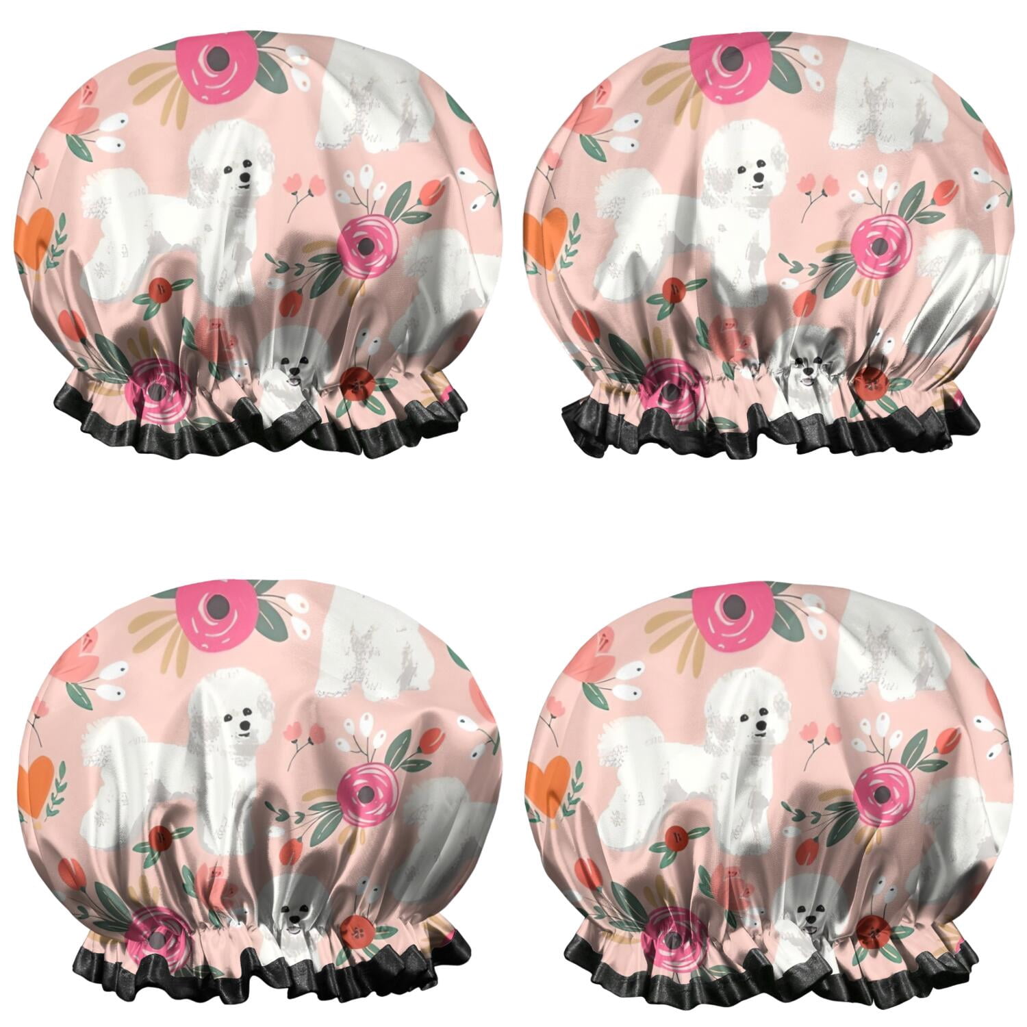Shower Caps,Pink Bichon Frise and Flower Waterproof Shower Cap for Women 4 Pieces,Double Reusable Hair Cover for Shower PEVA Elastic Stretch Hem
