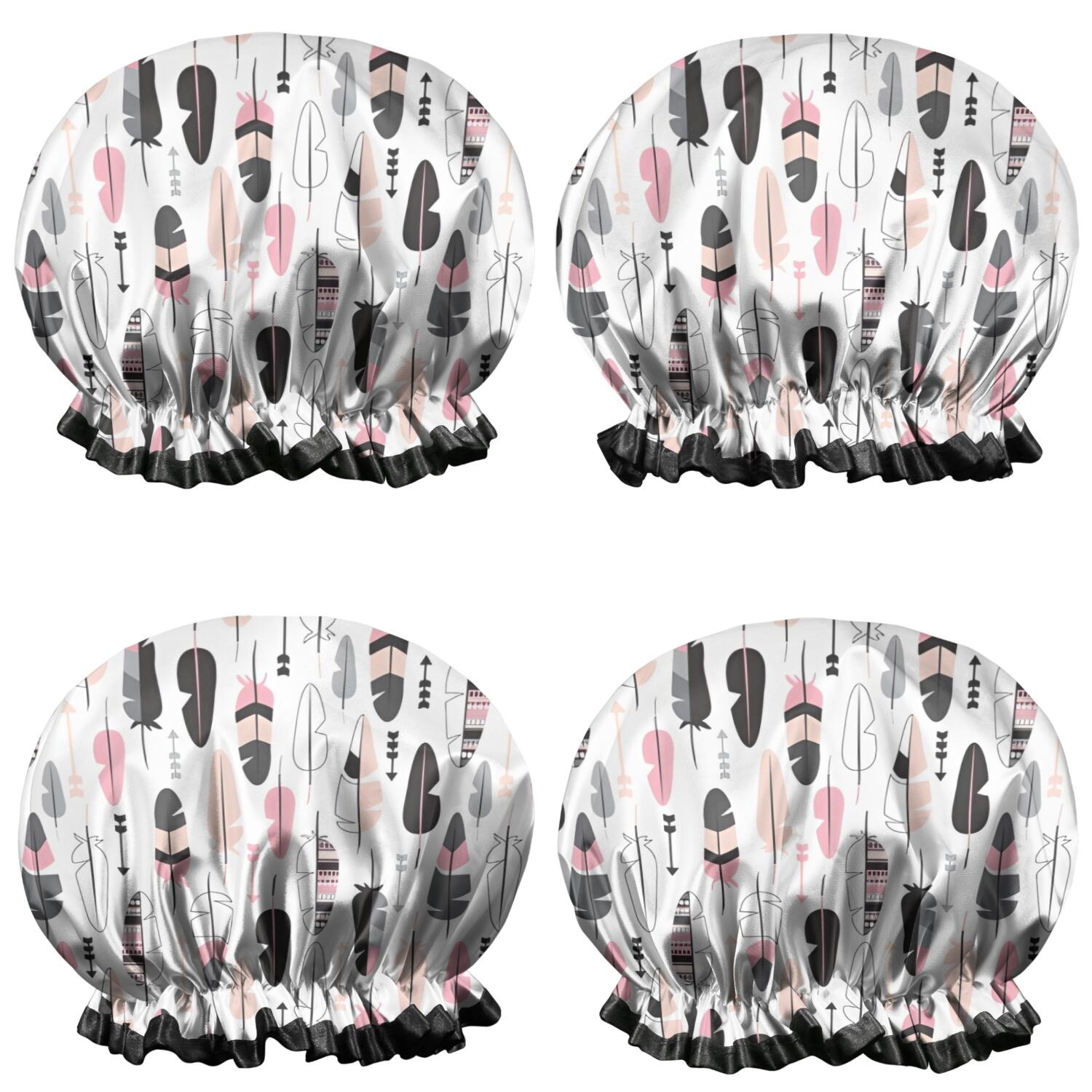 Shower Caps,Pink Black Geometric Feather and Arrow Pattern Waterproof Shower Cap for Women 4 Pieces,Double Reusable Hair Cover for Shower PEVA Elastic Stretch Hem