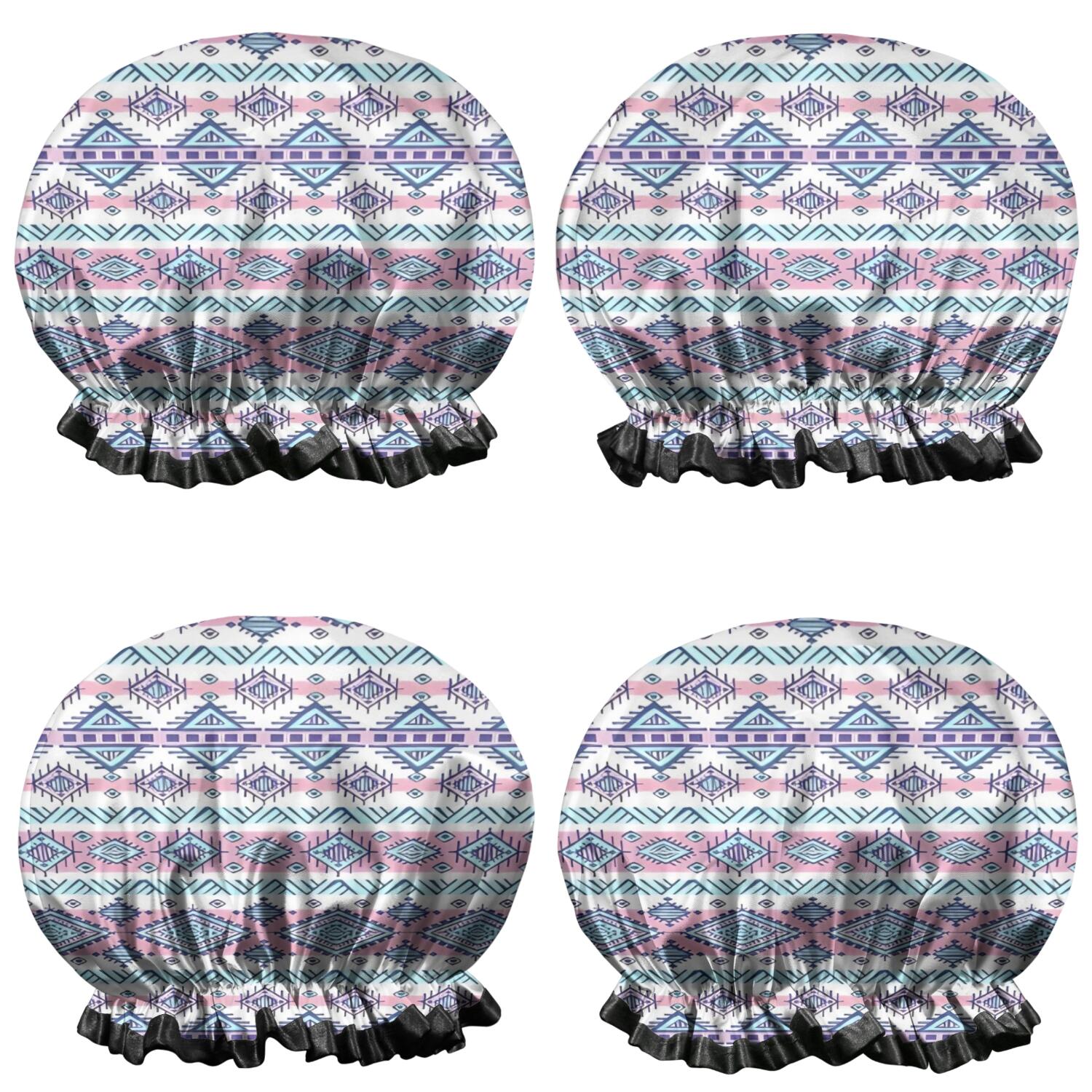 Shower Caps,Pink and Blue Diamond Shaped Boho Pattern Waterproof Shower Cap for Women 4 Pieces,Double Reusable Hair Cover for Shower PEVA Elastic Stretch Hem