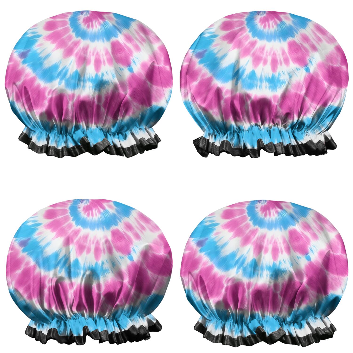 Shower Caps,Pink Blue Tie Dye Spiral Waterproof Shower Cap for Women 4 Pieces,Double Reusable Hair Cover for Shower PEVA Elastic Stretch Hem