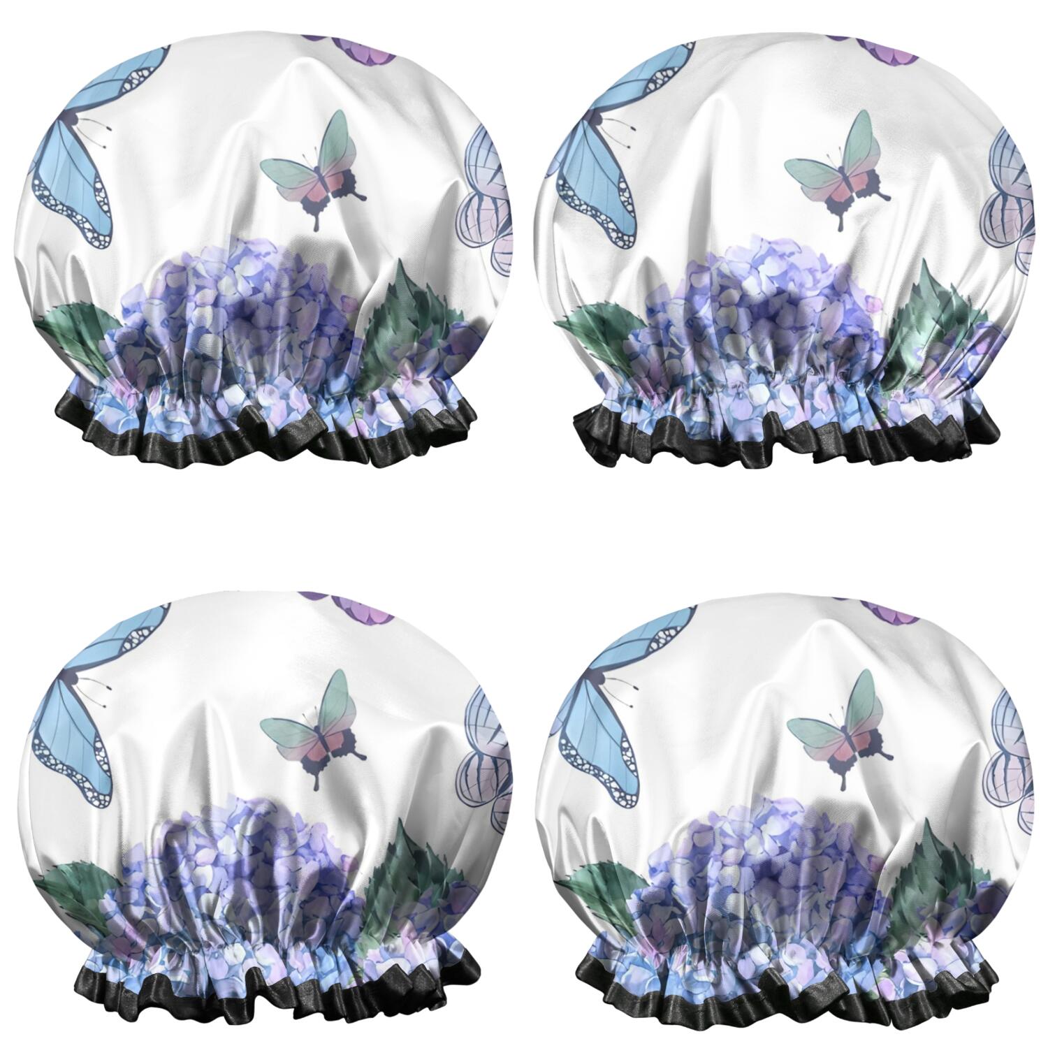 Shower Caps,Pink Butterfly Flower Pattern Waterproof Shower Cap for Women 4 Pieces,Double Reusable Hair Cover for Shower PEVA Elastic Stretch Hem