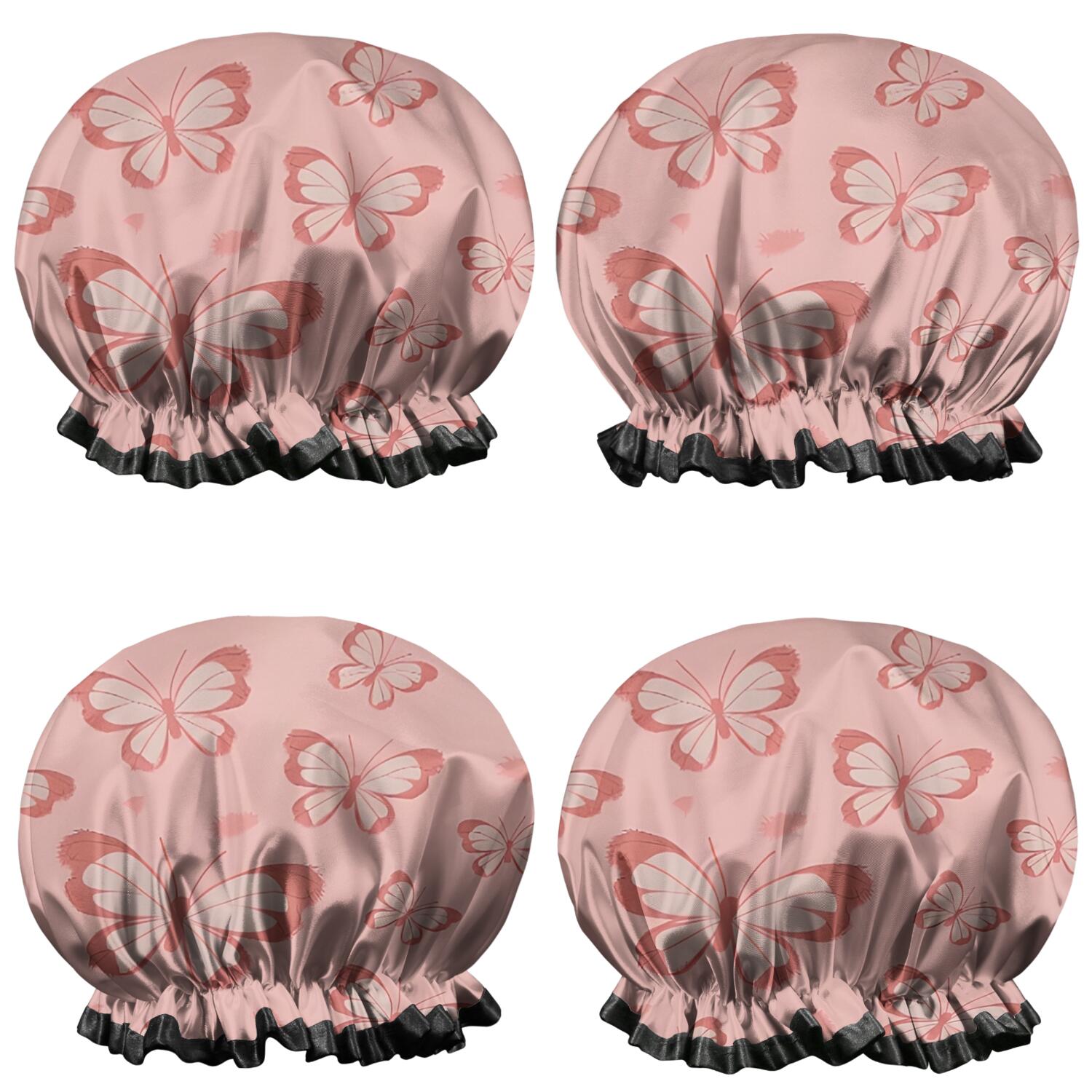 Shower Caps,Pink Butterfly Pattern Waterproof Shower Cap for Women 4 Pieces,Double Reusable Hair Cover for Shower PEVA Elastic Stretch Hem