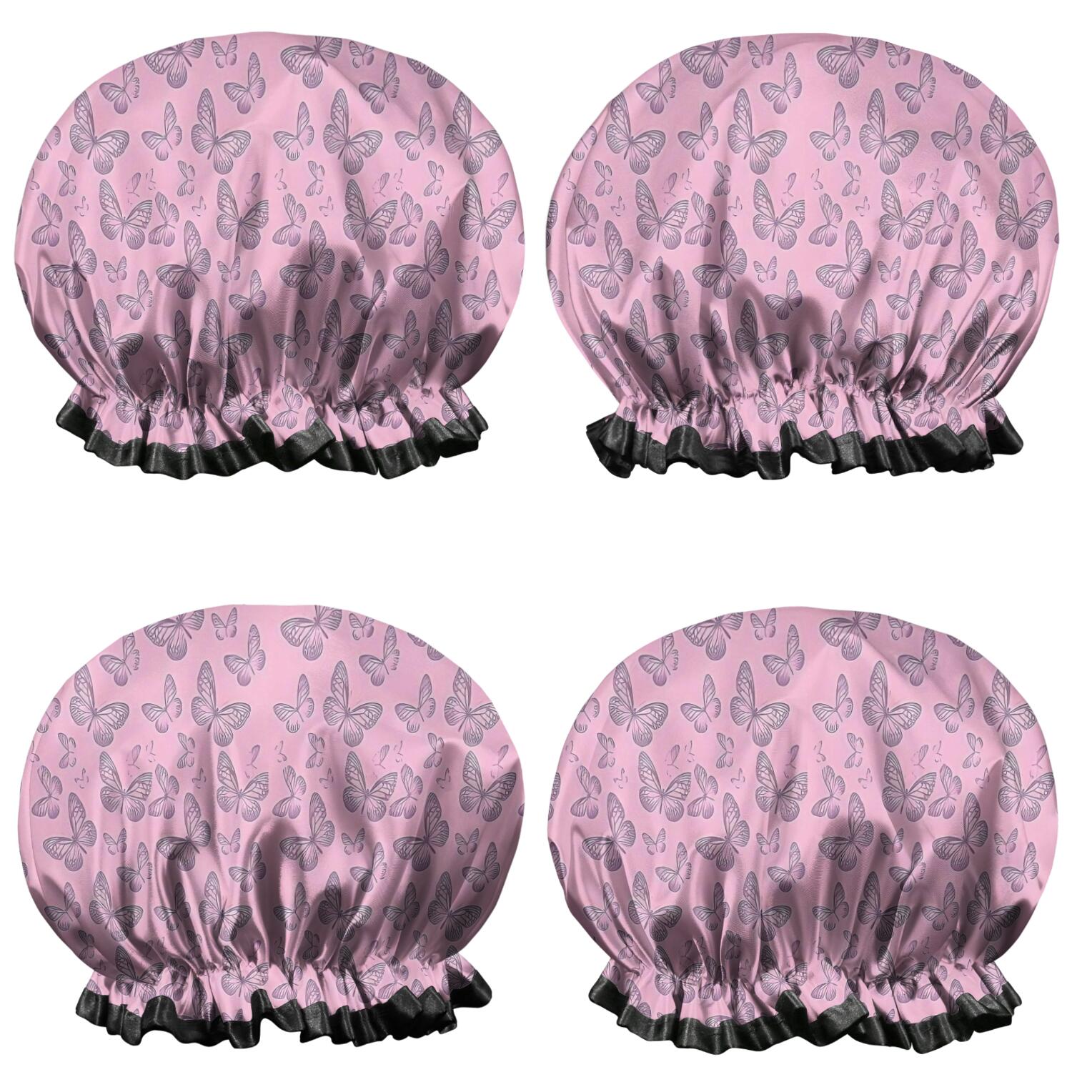 Shower Caps,Pink Butterfly Pattern Waterproof Shower Cap for Women 4 Pieces,Double Reusable Hair Cover for Shower PEVA Elastic Stretch Hem