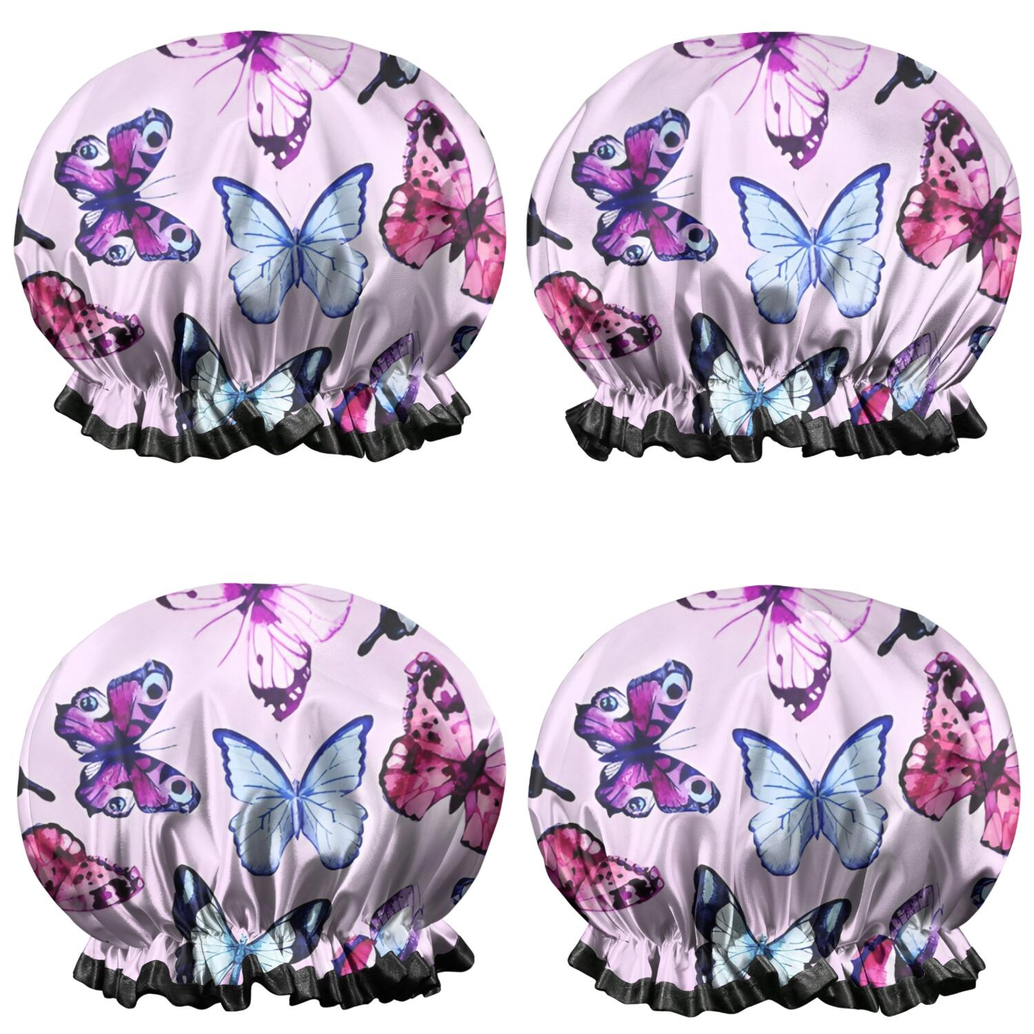 Shower Caps,Pink Butterfly Pattern Waterproof Shower Cap for Women 4 Pieces,Double Reusable Hair Cover for Shower PEVA Elastic Stretch Hem