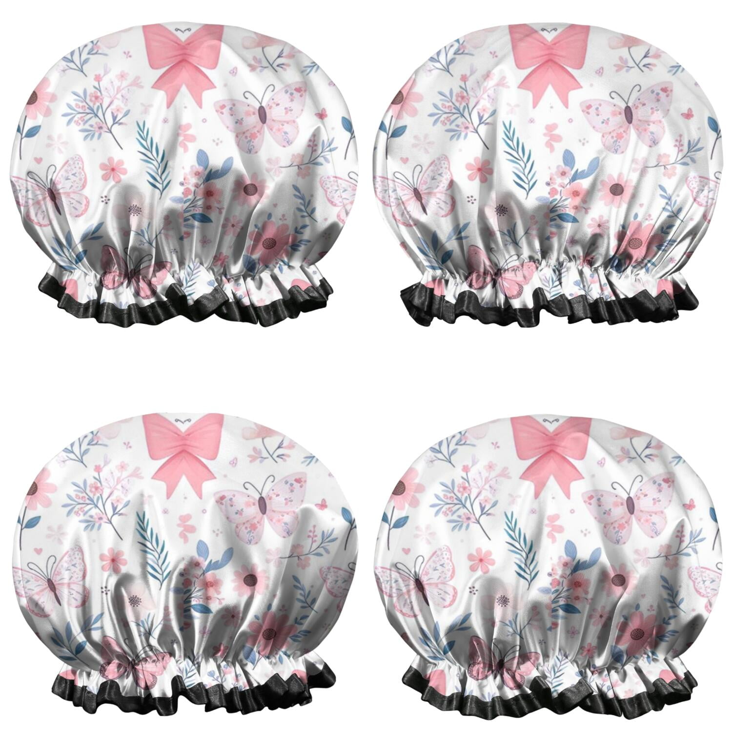 Shower Caps,Pink Butterfly Star Floral Peach Pattern Waterproof Shower Cap for Women 4 Pieces,Double Reusable Hair Cover for Shower PEVA Elastic Stretch Hem