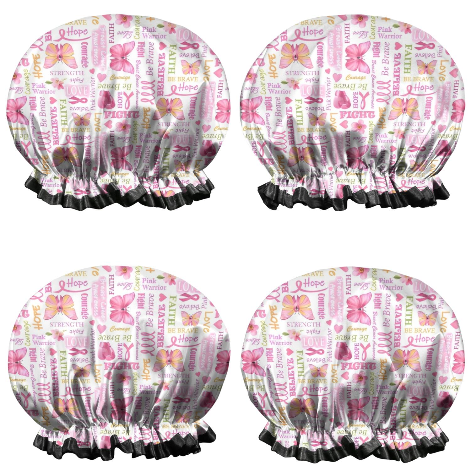 Shower Caps,Pink Butterfly Word Pattern Waterproof Shower Cap for Women 4 Pieces,Double Reusable Hair Cover for Shower PEVA Elastic Stretch Hem