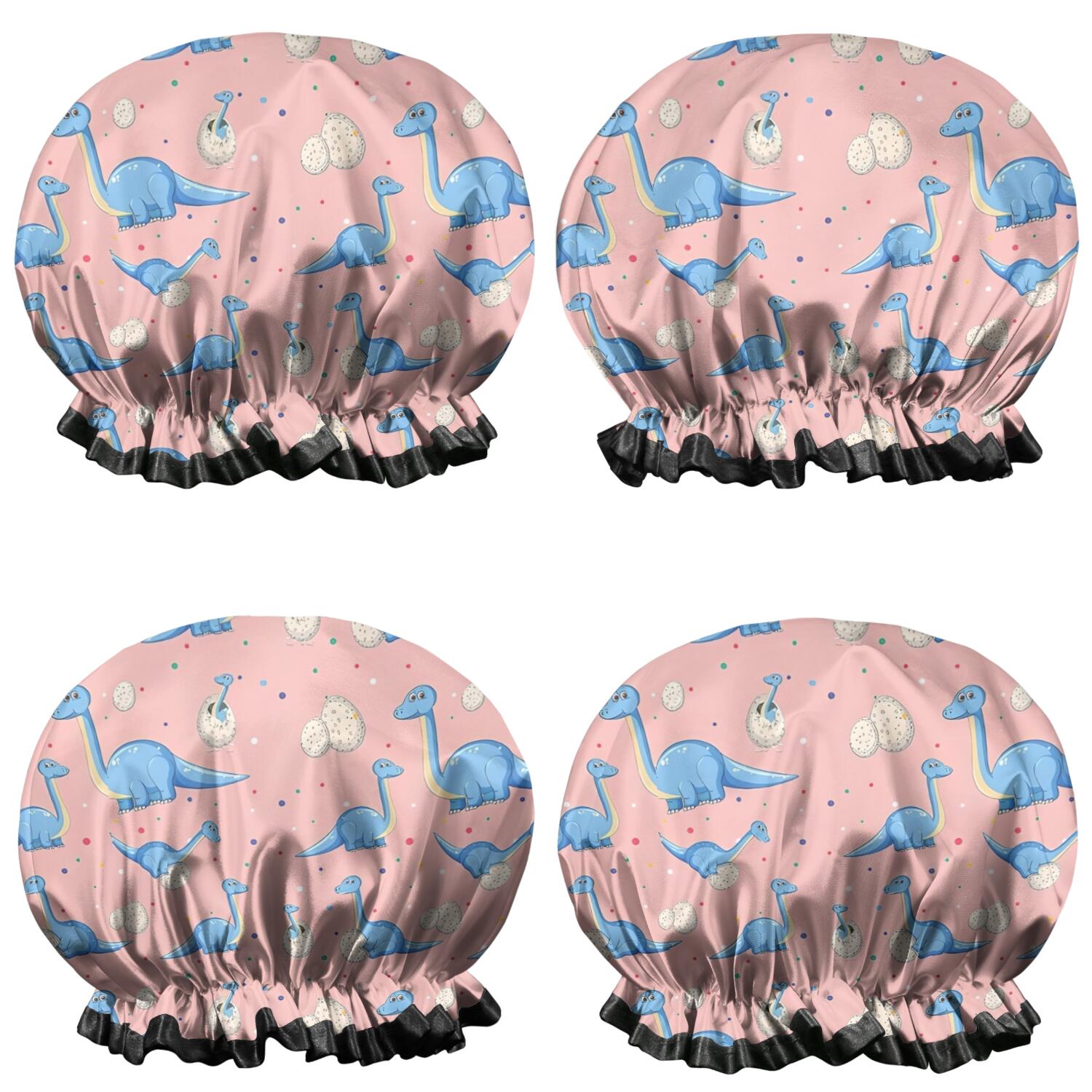 Shower Caps,Pink Cartoon Dinosaurs Eggs Pattern Waterproof Shower Cap for Women 4 Pieces,Double Reusable Hair Cover for Shower PEVA Elastic Stretch Hem