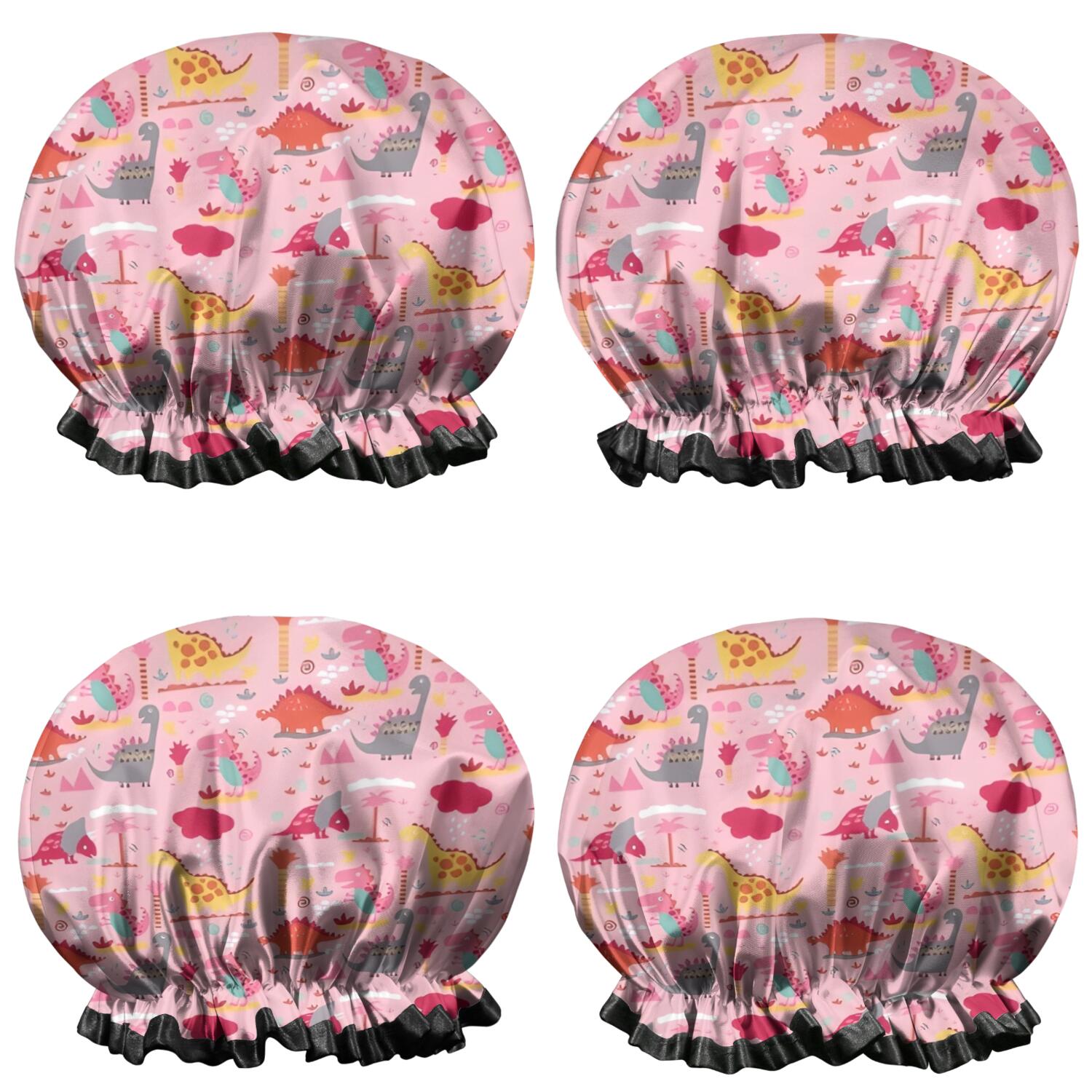 Shower Caps,Pink Cartoon Dinosaurs Landscape Pattern Waterproof Shower Cap for Women 4 Pieces,Double Reusable Hair Cover for Shower PEVA Elastic Stretch Hem