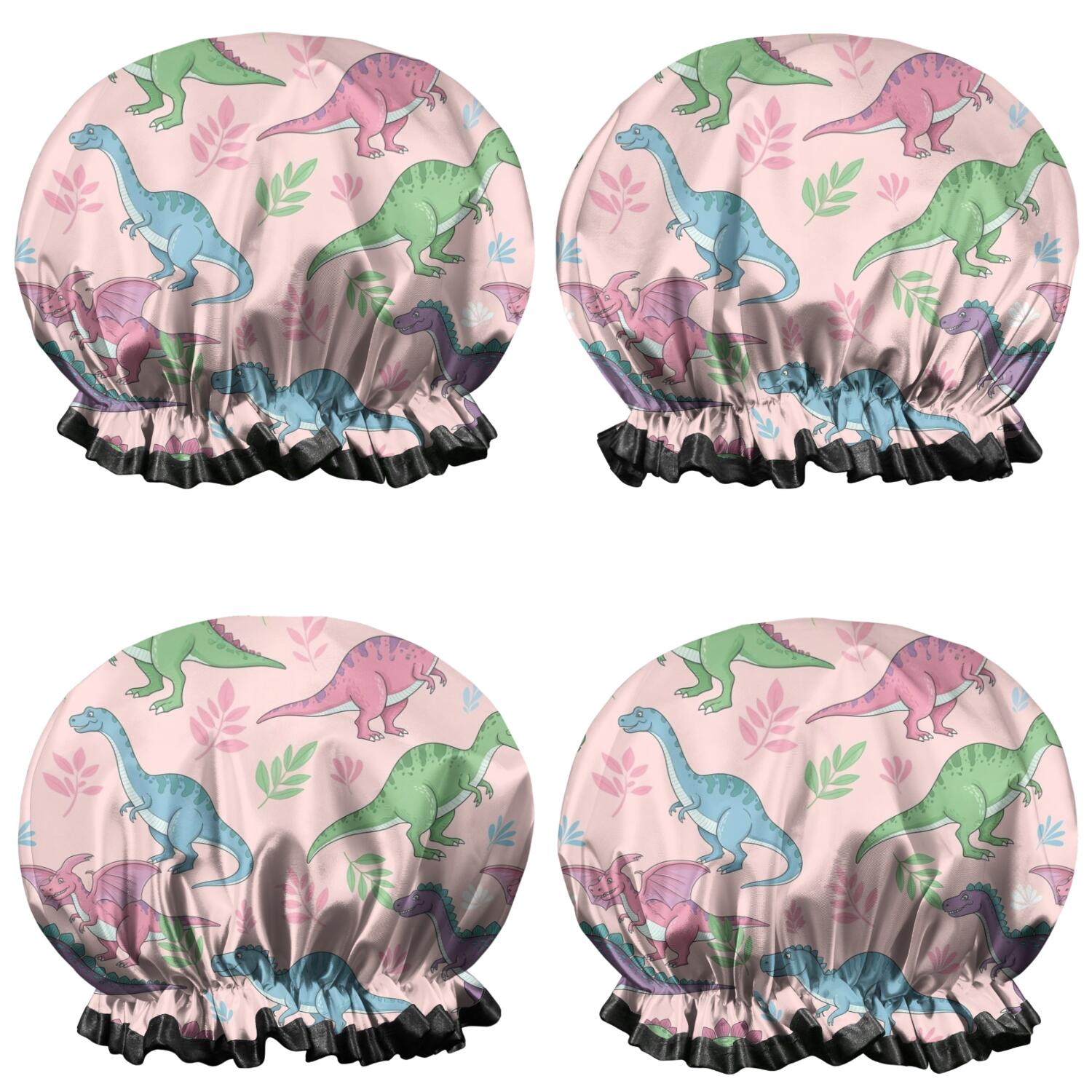Shower Caps,Pink Cartoon Dinosaurs Leaves Pattern Waterproof Shower Cap for Women 4 Pieces,Double Reusable Hair Cover for Shower PEVA Elastic Stretch Hem