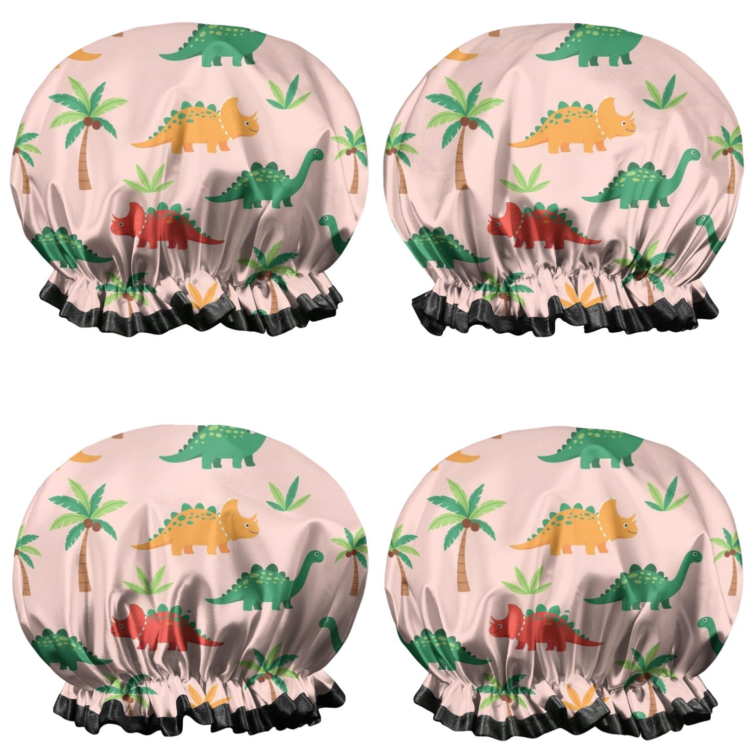 Shower Caps,Pink Cartoon Dinosaurs Palms Pattern Waterproof Shower Cap for Women 4 Pieces,Double Reusable Hair Cover for Shower PEVA Elastic Stretch Hem
