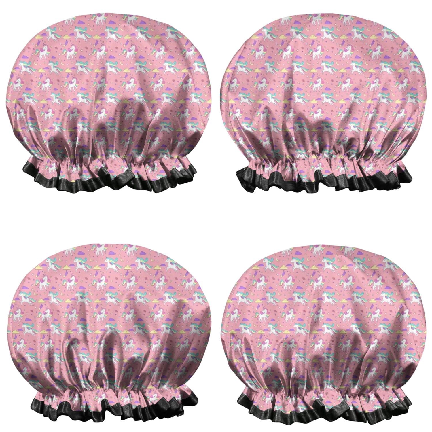 Shower Caps,Pink Cartoon Unicorn Pattern Waterproof Shower Cap for Women 4 Pieces,Double Reusable Hair Cover for Shower PEVA Elastic Stretch Hem