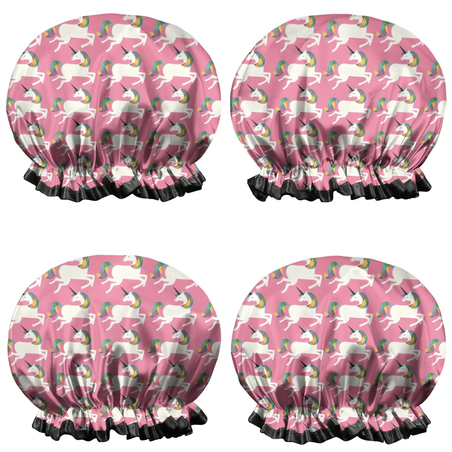 Shower Caps,Pink Cartoon Unicorn Pattern Waterproof Shower Cap for Women 4 Pieces,Double Reusable Hair Cover for Shower PEVA Elastic Stretch Hem