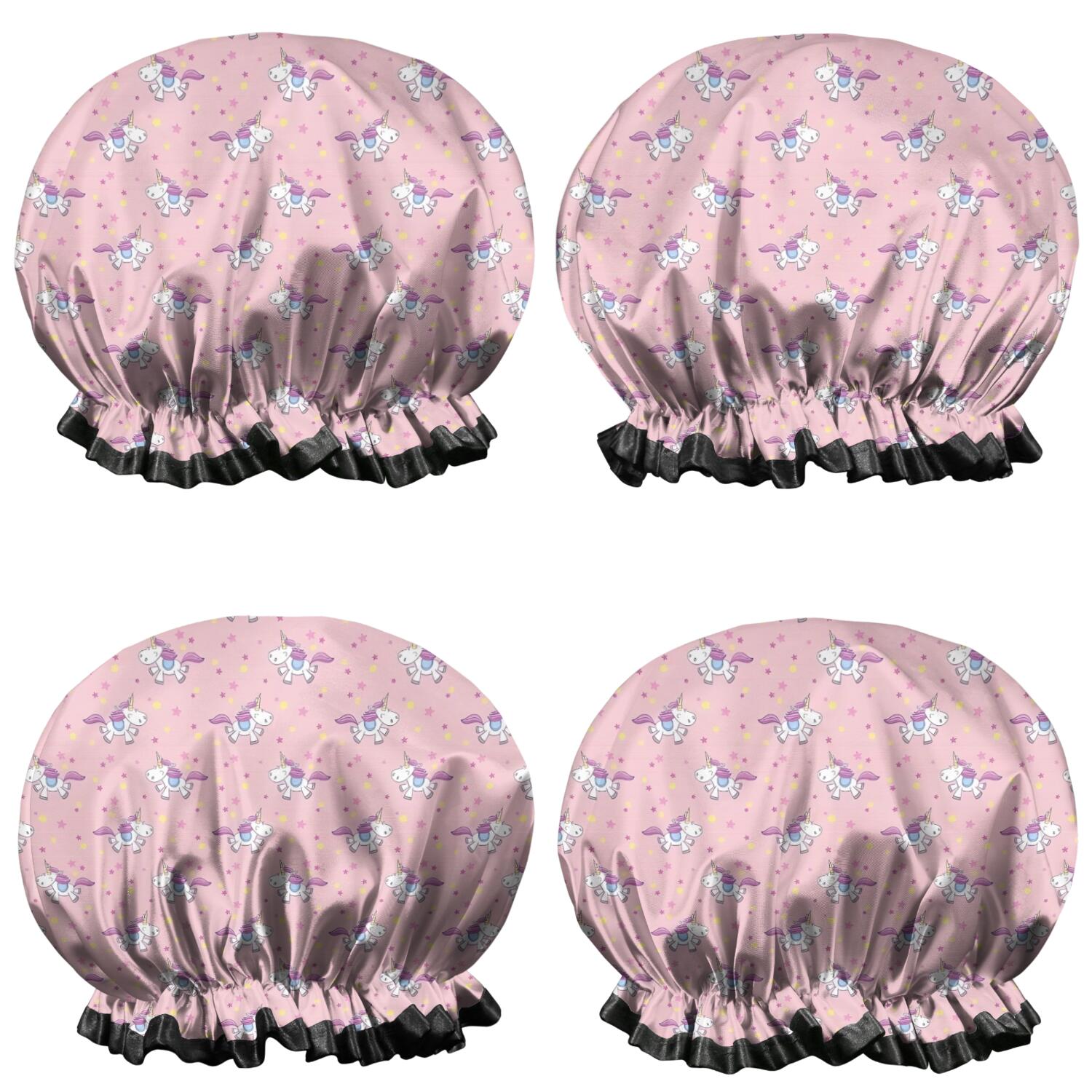 Shower Caps,Pink Cartoon Unicorn Star Pattern Waterproof Shower Cap for Women 4 Pieces,Double Reusable Hair Cover for Shower PEVA Elastic Stretch Hem